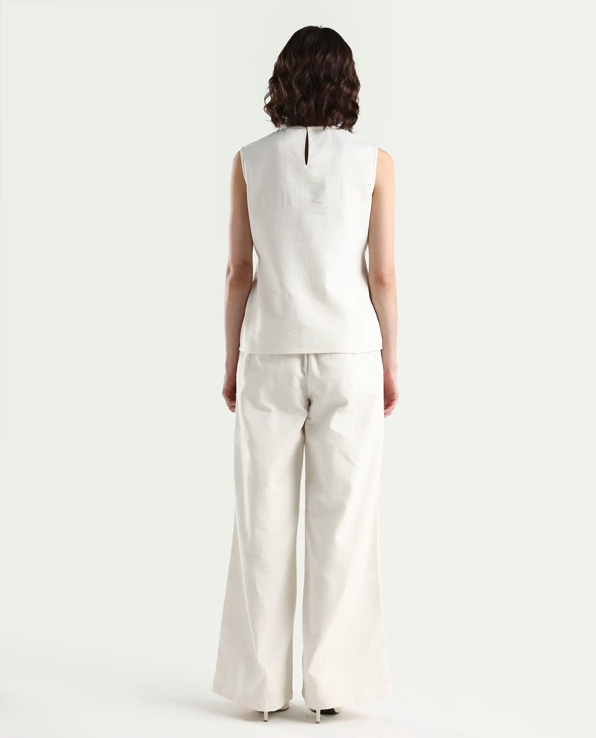 Rareism Women's Aubra-B Off White Cotton Wide Leg Plain Trouser