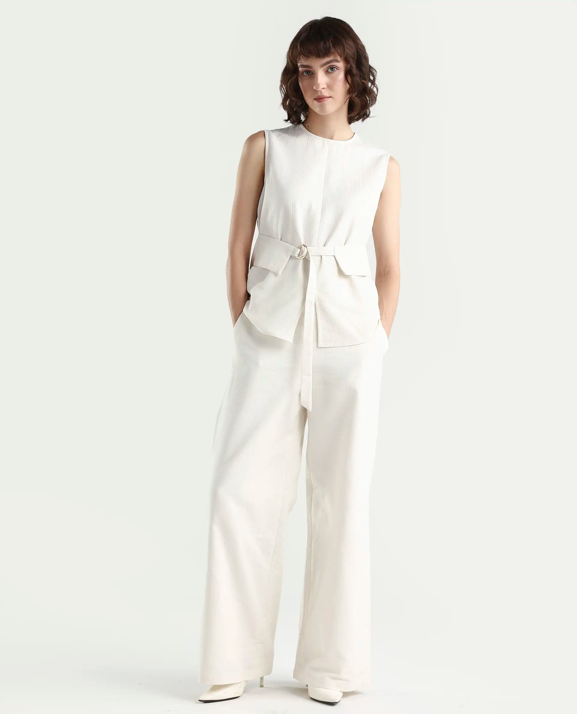 Rareism Women's Aubra-B Off White Cotton Wide Leg Plain Trouser