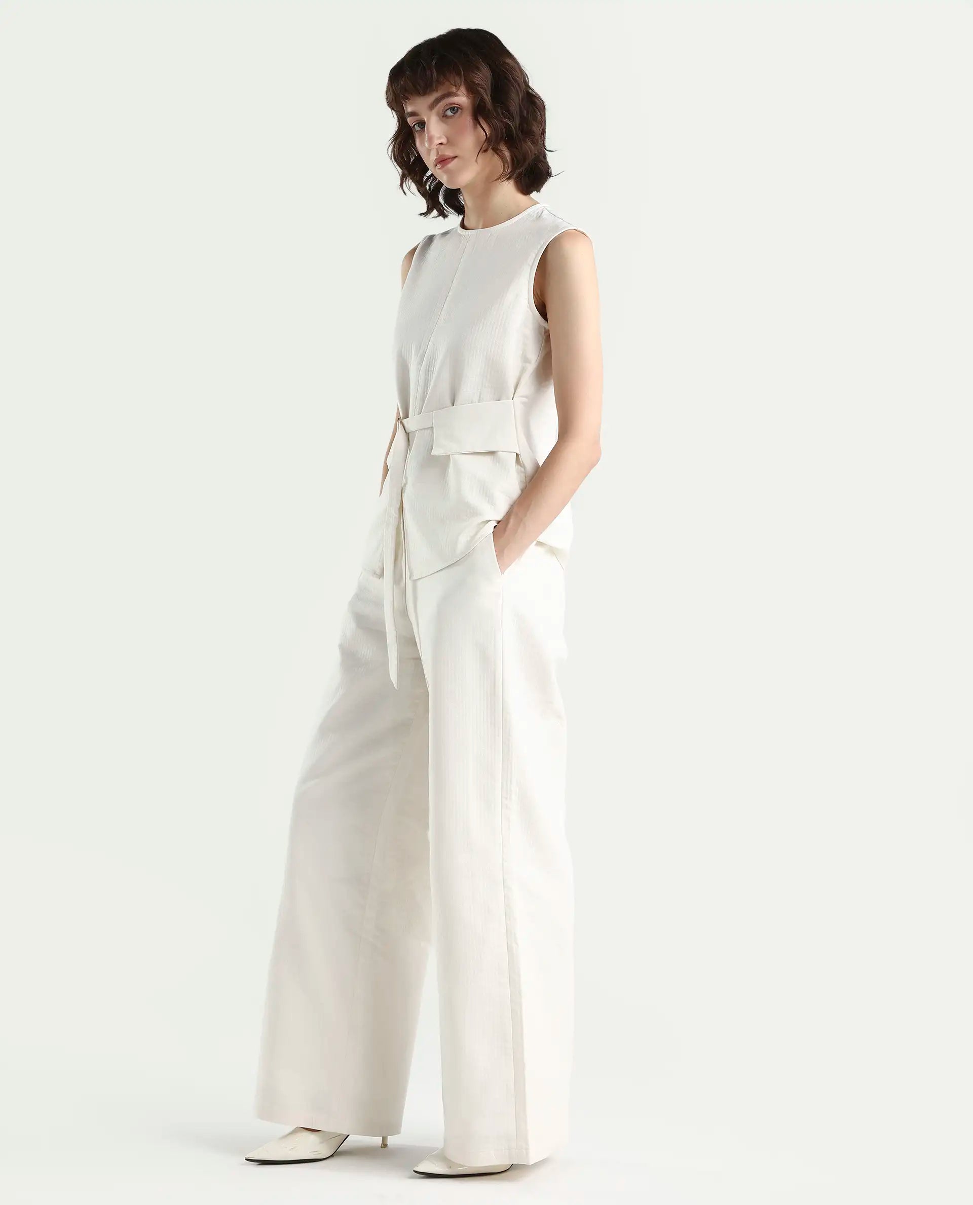 Rareism Women's Aubra-B Off White Cotton Wide Leg Plain Trouser