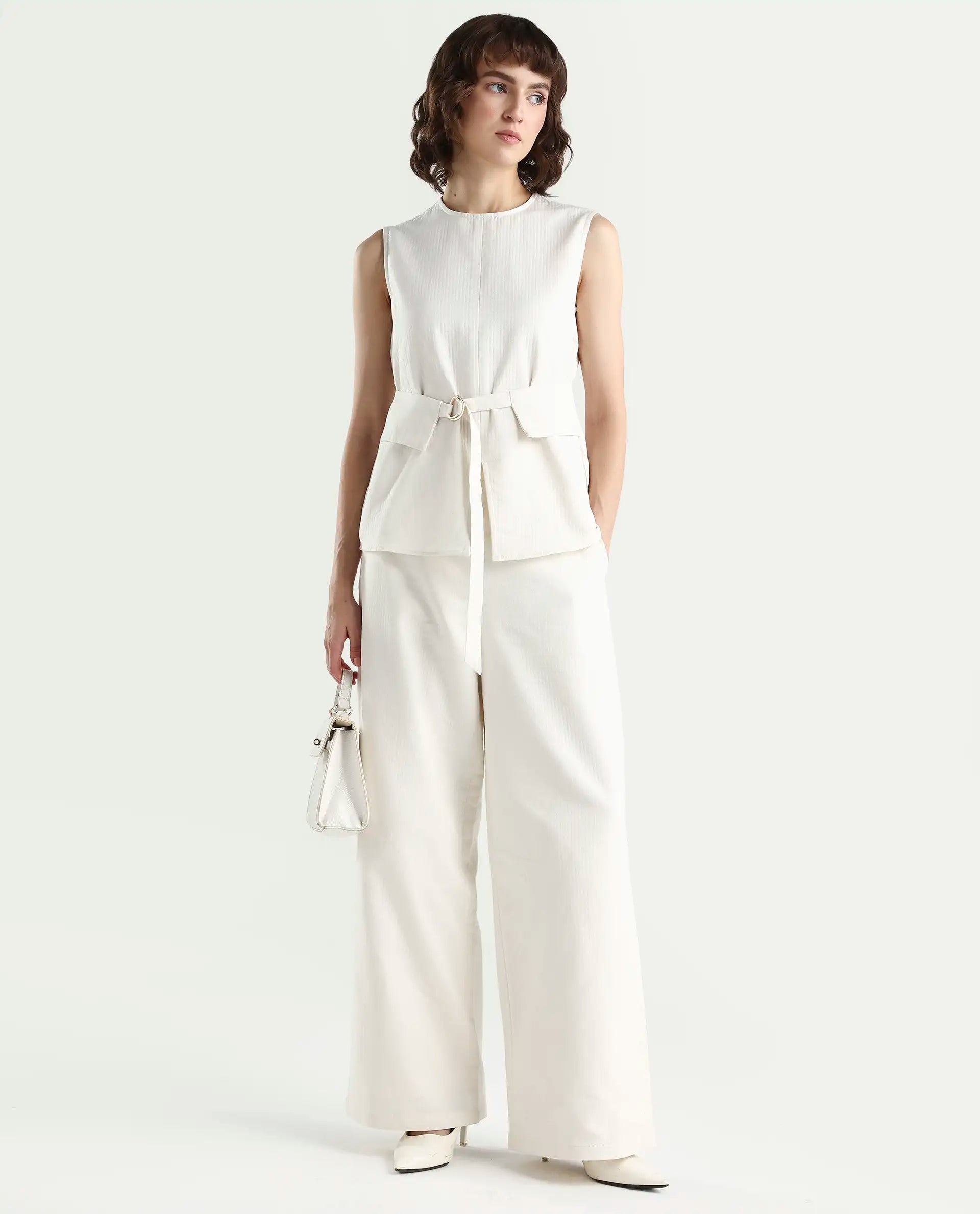 Rareism Women's Aubra-B Off White Cotton Wide Leg Plain Trouser