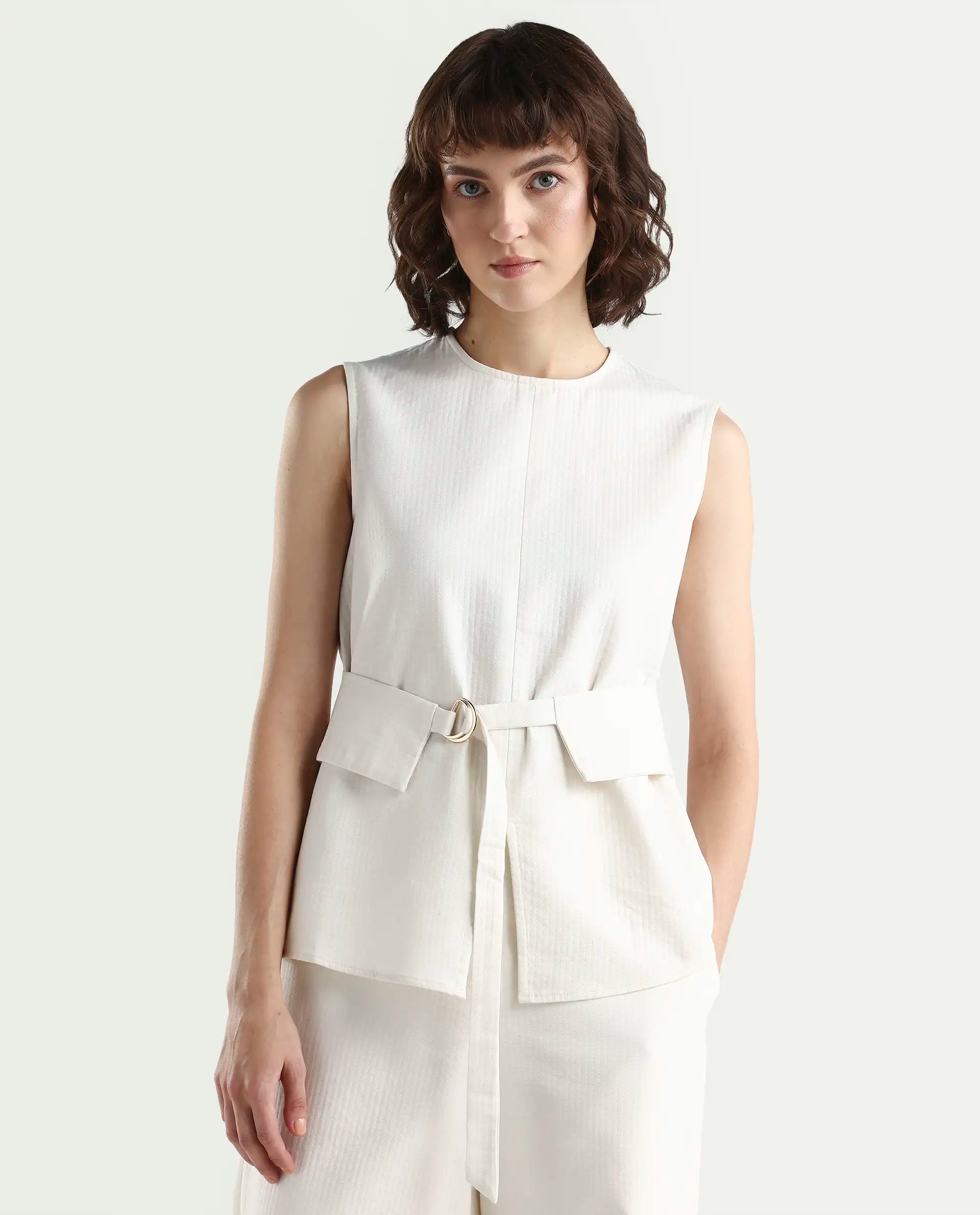 Rareism Women's Aubra-T Off White Cotton Sleeveless Crew Neck Regular Fit Plain Top