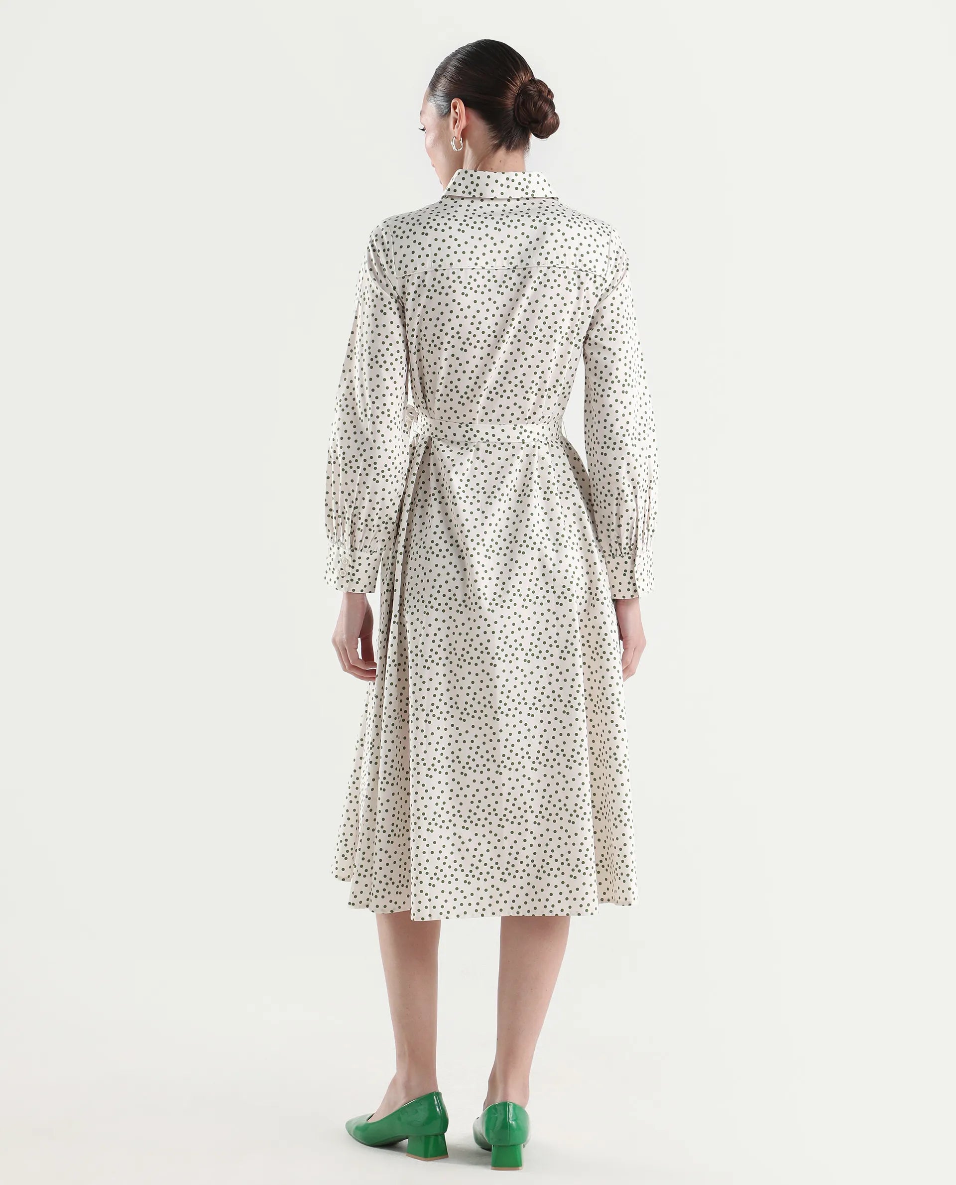 Rareism Women's Avac Off White Cotton Full Sleeve A-Line Polka Print Dress