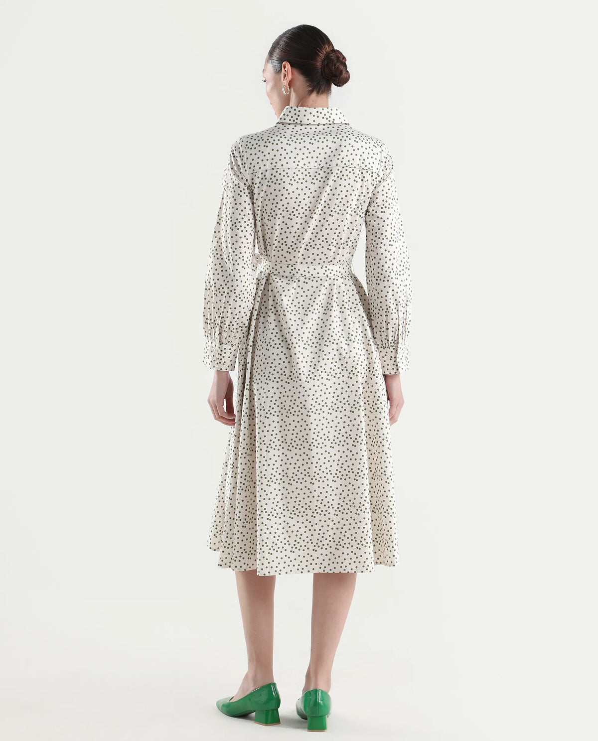 Rareism Women's Avac Off White Cotton Satin Full Sleeve A-Line Polka Print Dress