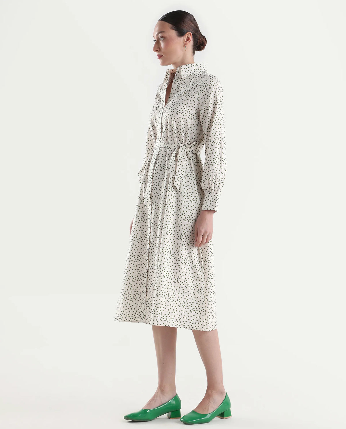 Rareism Women's Avac Off White Cotton Satin Full Sleeve A-Line Polka Print Dress