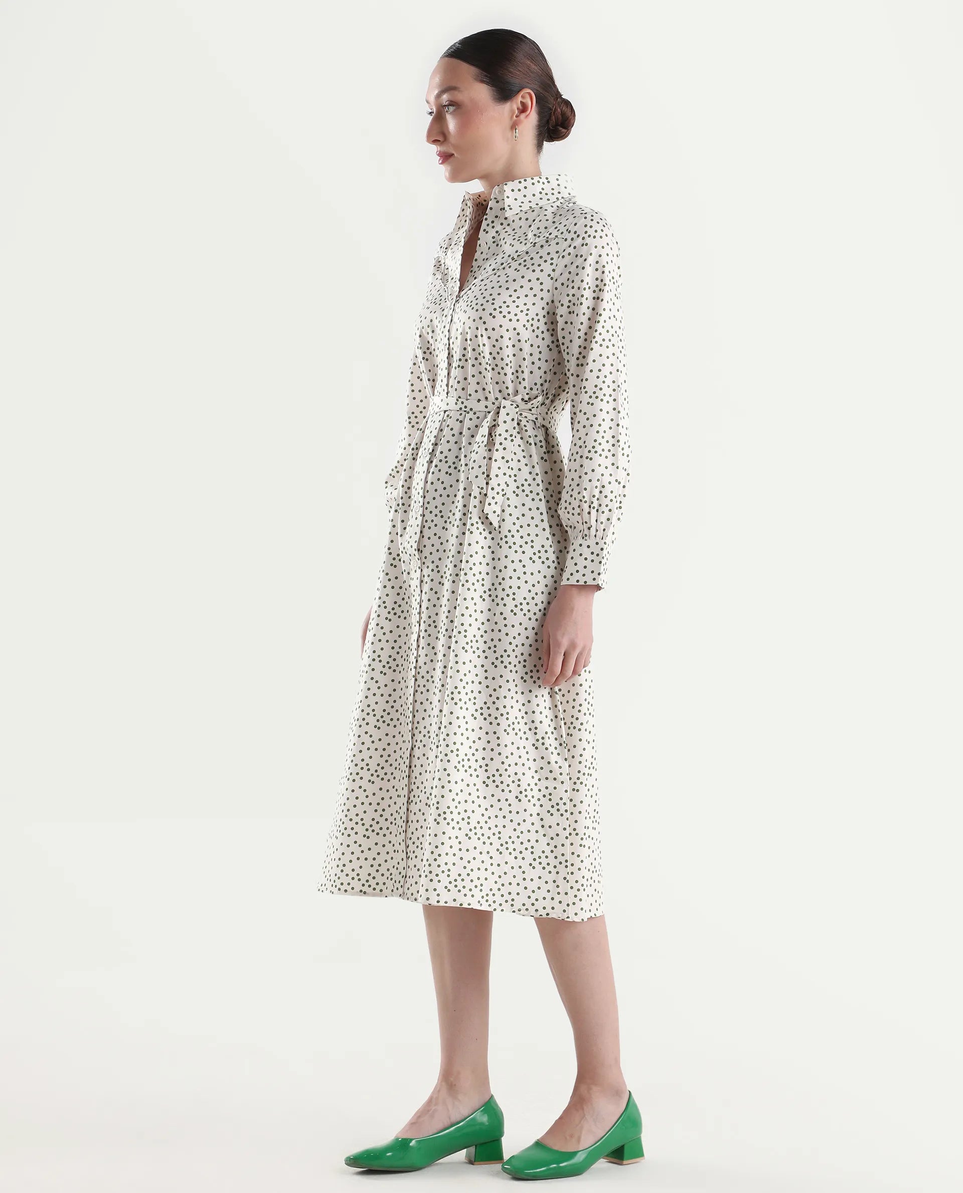 Rareism Women's Avac Off White Cotton Full Sleeve A-Line Polka Print Dress