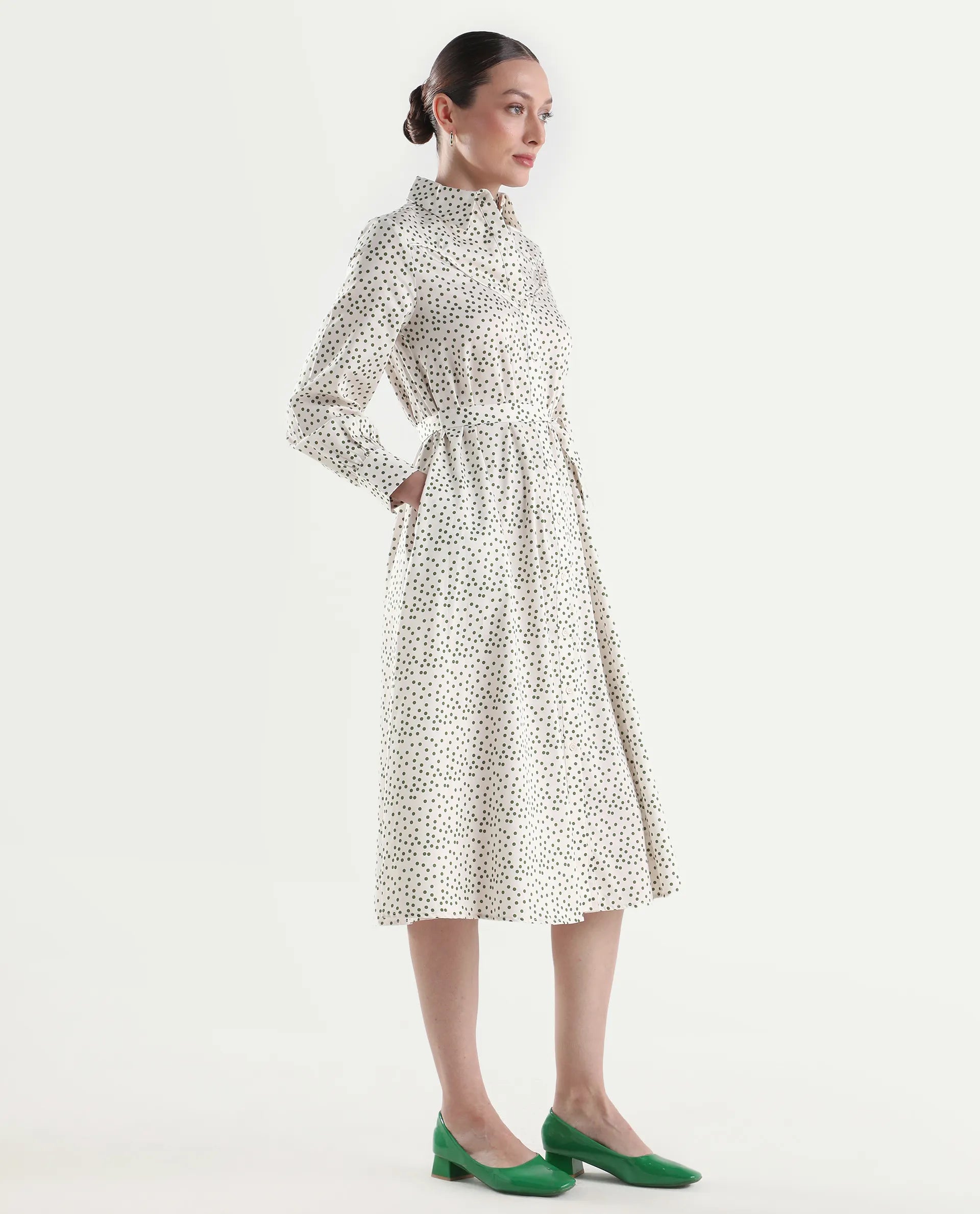 Rareism Women's Avac Off White Cotton Full Sleeve A-Line Polka Print Dress