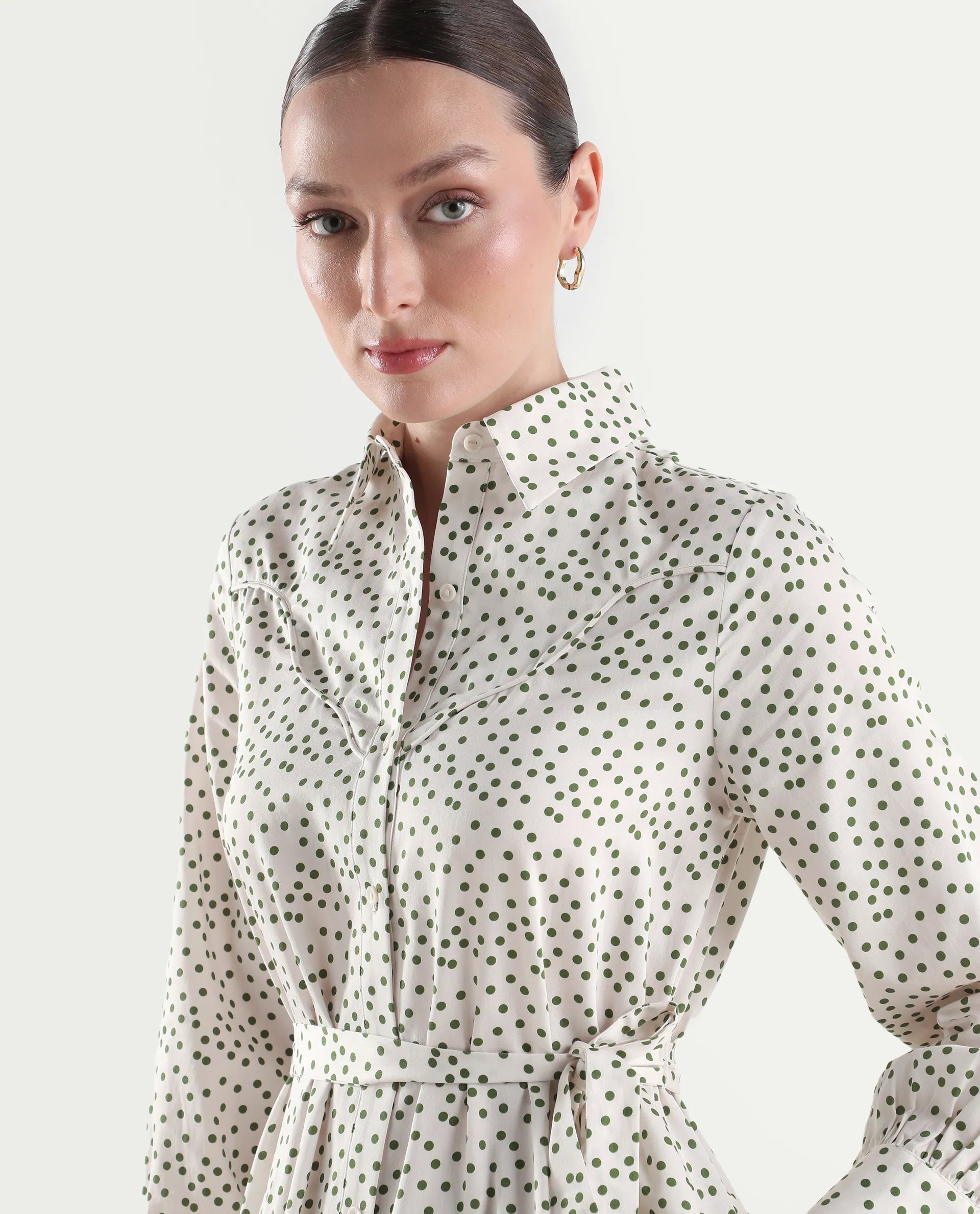 Rareism Women's Avac Off White Cotton Full Sleeve A-Line Polka Print Dress