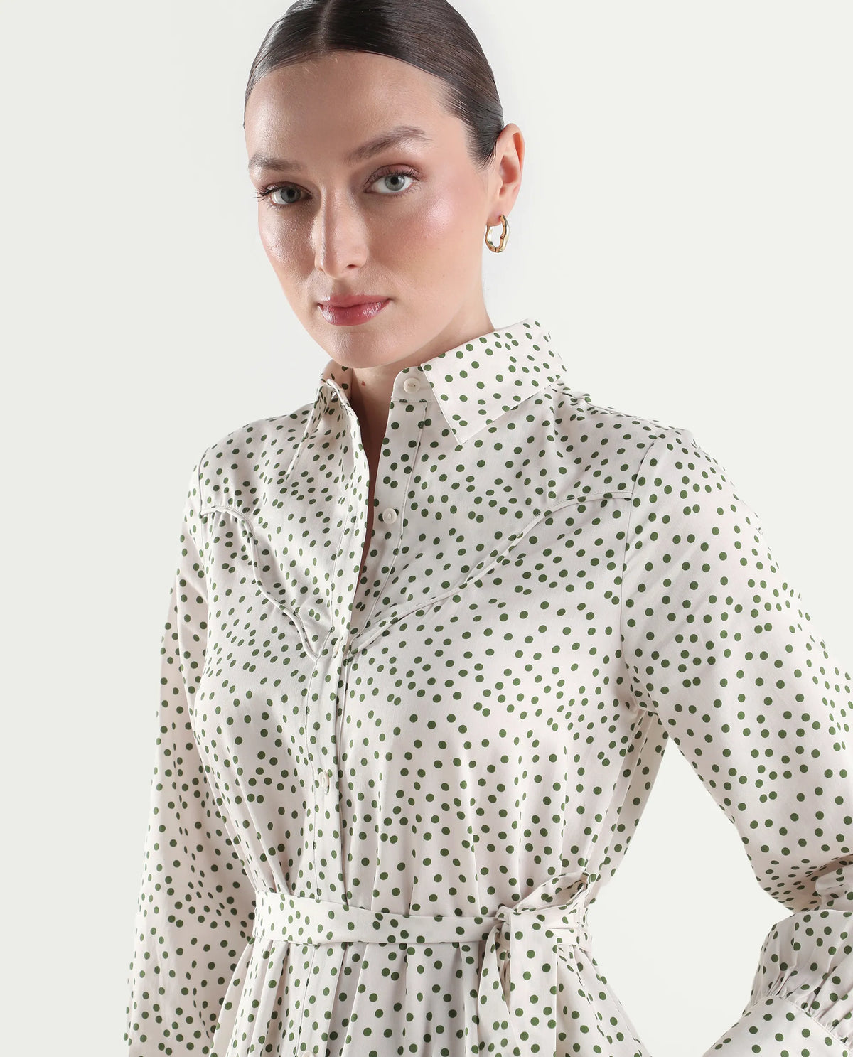 Rareism Women's Avac Off White Cotton Satin Full Sleeve A-Line Polka Print Dress