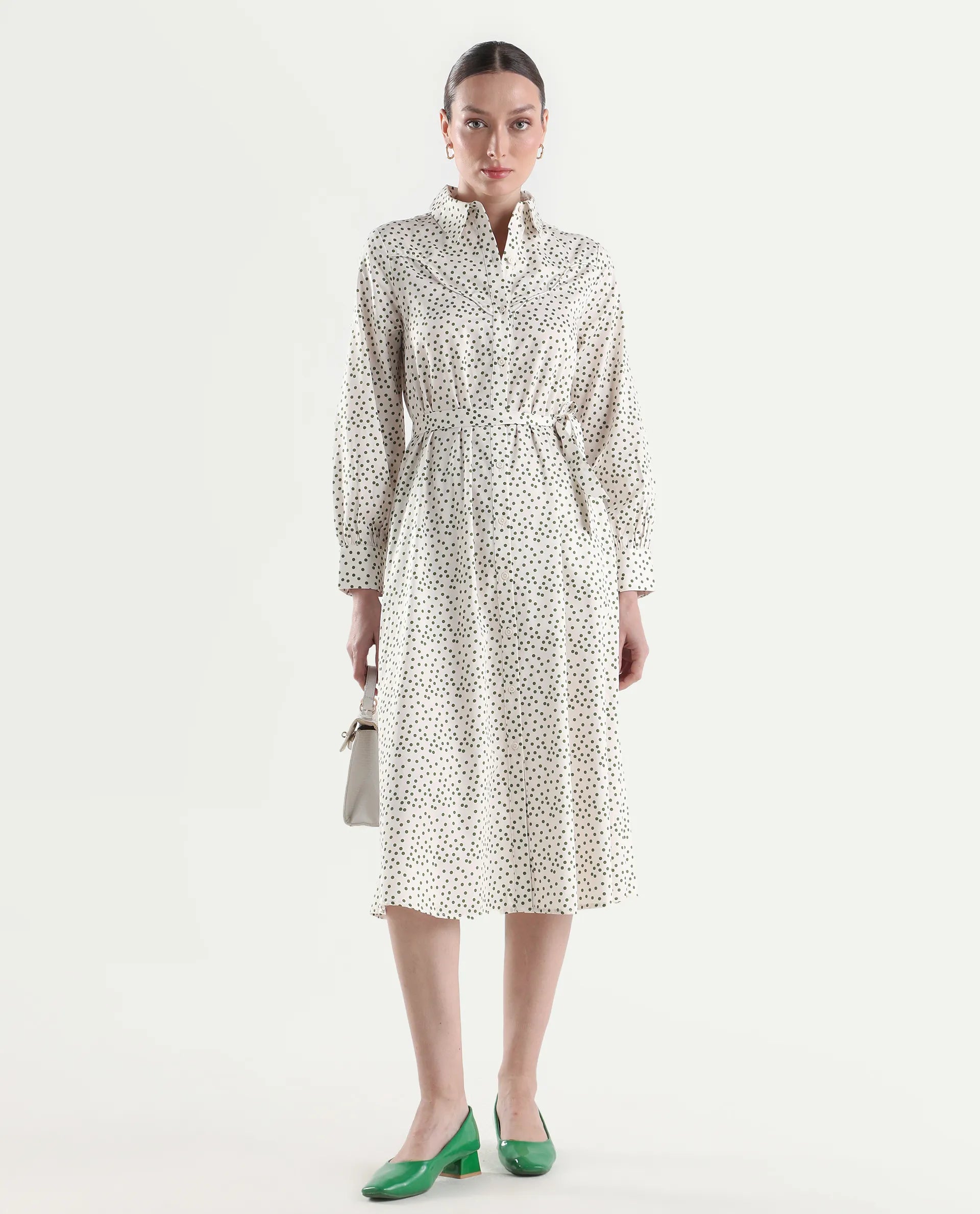 Rareism Women's Avac Off White Cotton Full Sleeve A-Line Polka Print Dress