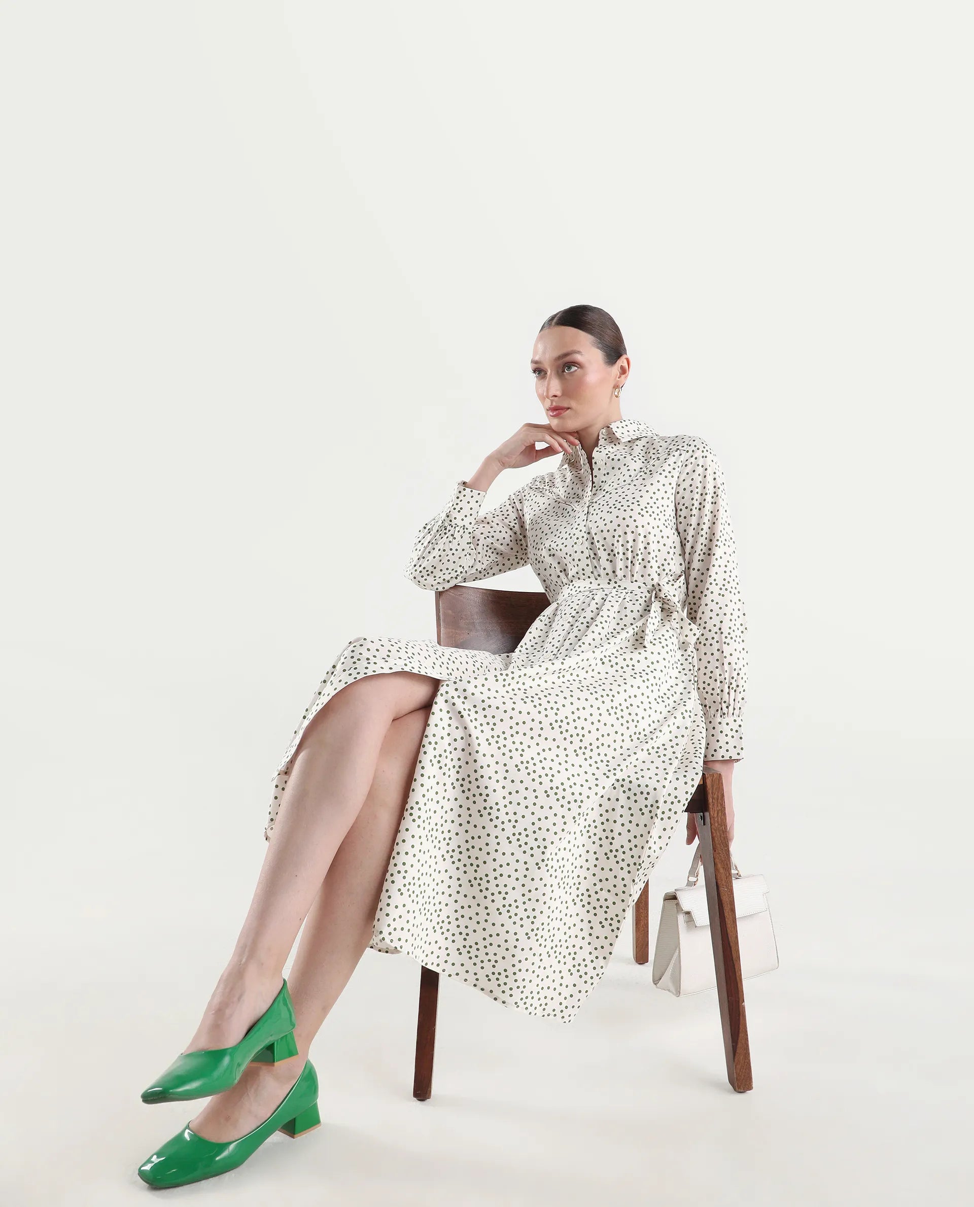 Rareism Women's Avac Off White Cotton Full Sleeve A-Line Polka Print Dress