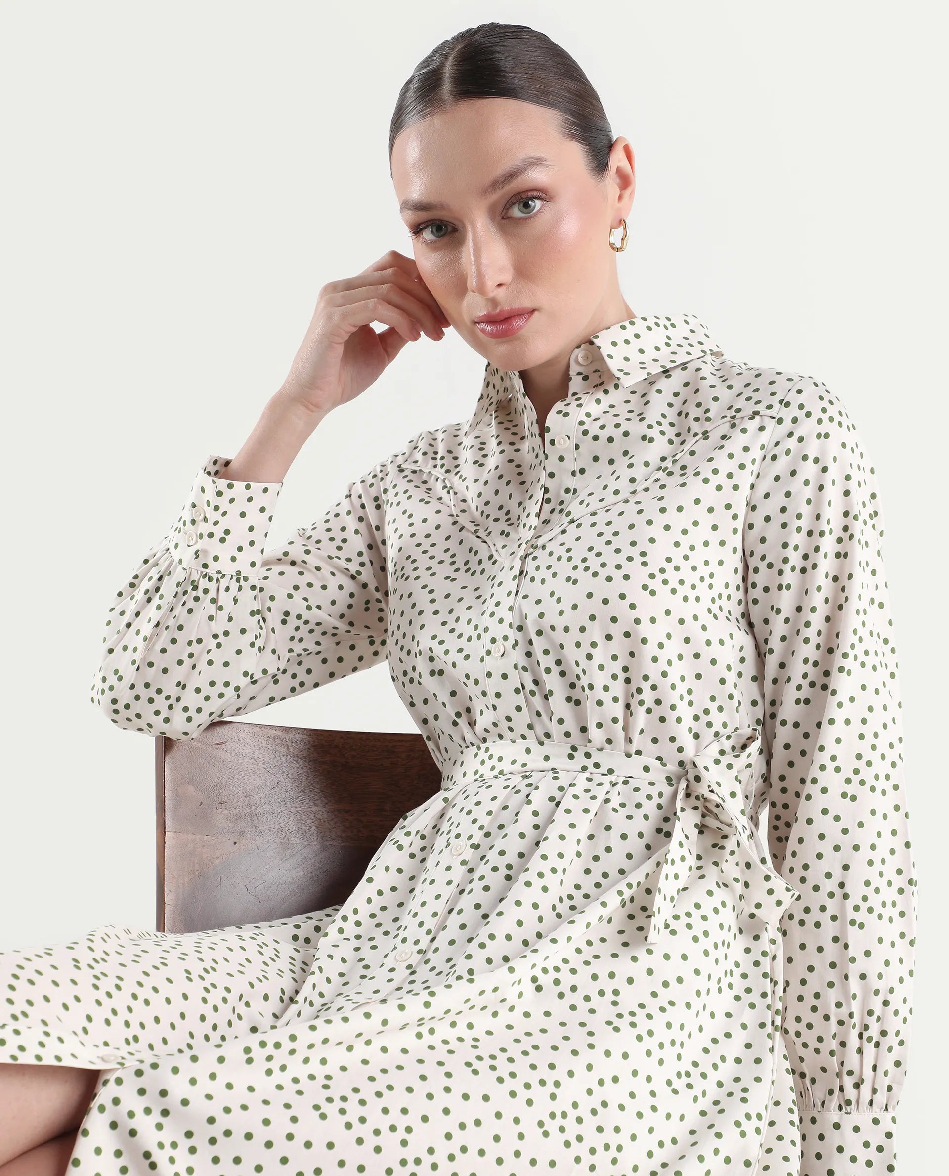 Rareism Women's Avac Off White Cotton Full Sleeve A-Line Polka Print Dress