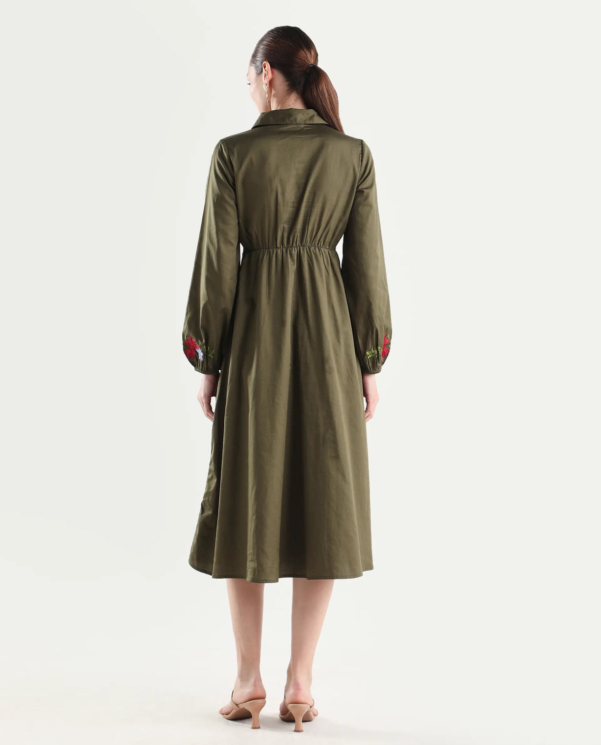 Rareism Women's Avaci Olive Cotton Satin Full Sleeve Fit And Flare Plain Dress