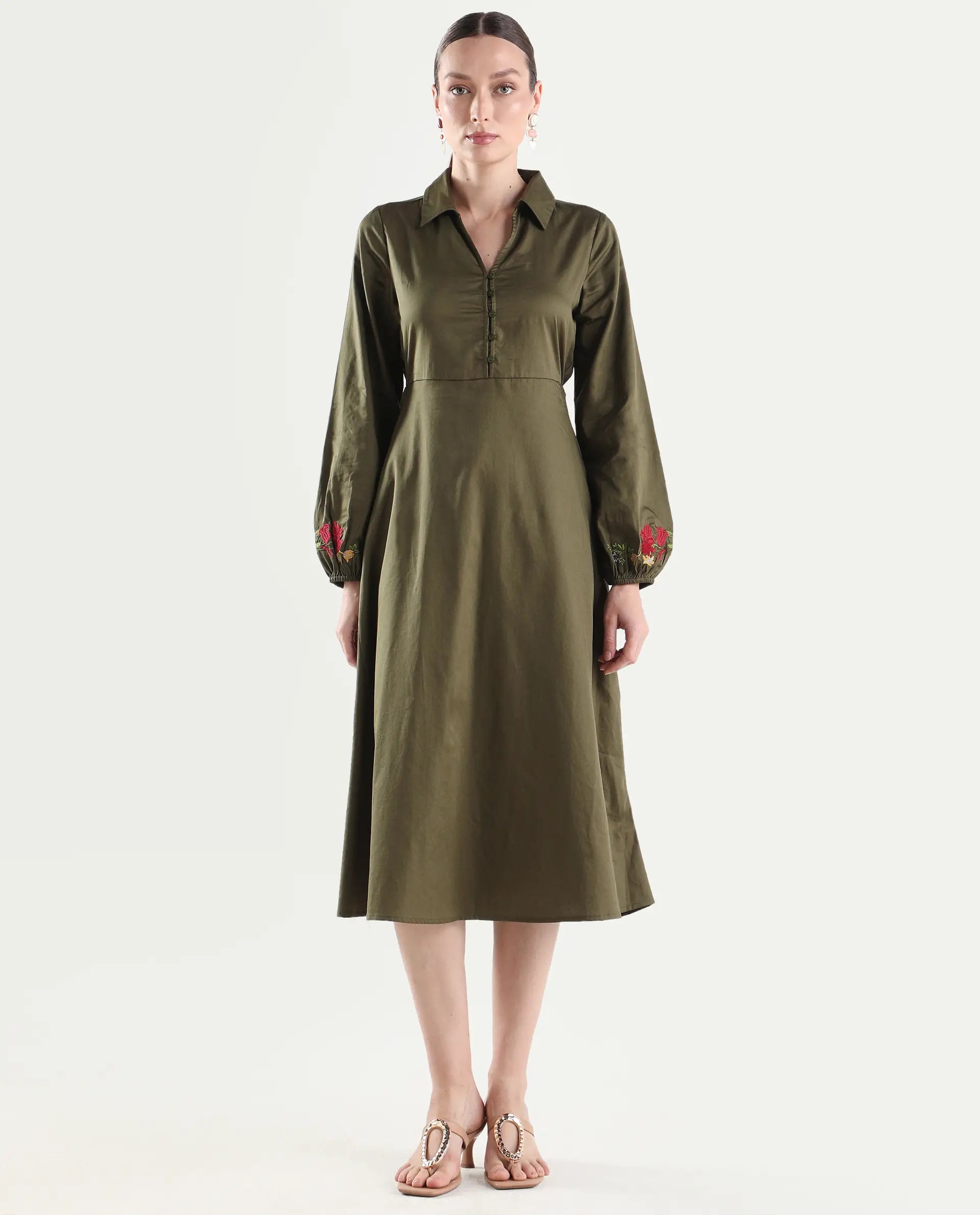 Rareism Women's Avaci Olive Cotton Full Sleeve Fit And Flare Plain Dress