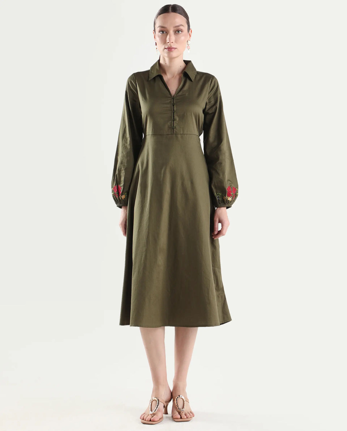 Rareism Women's Avaci Olive Cotton Satin Full Sleeve Fit And Flare Plain Dress