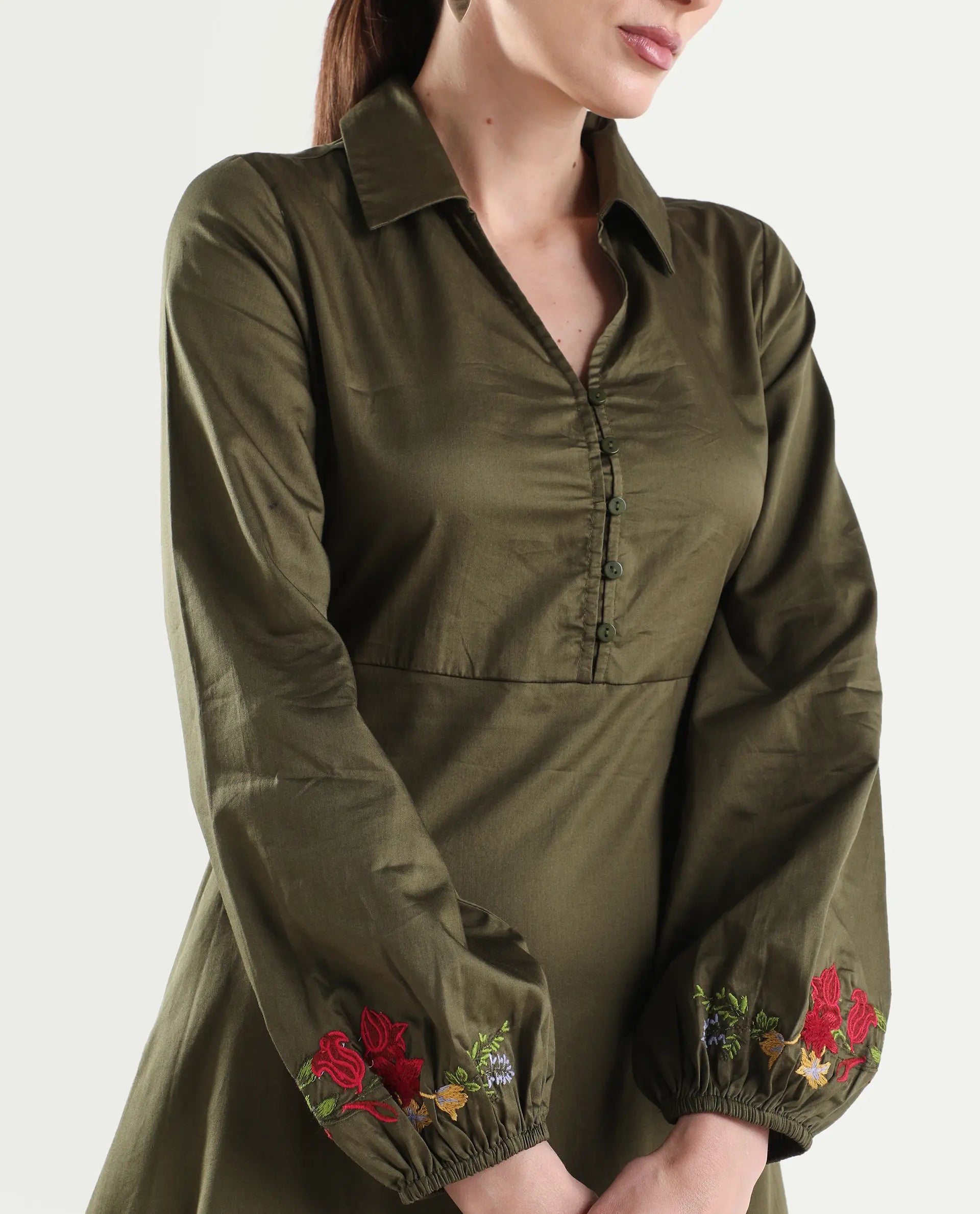 Rareism Women's Avaci Olive Cotton Satin Full Sleeve Fit And Flare Plain Dress
