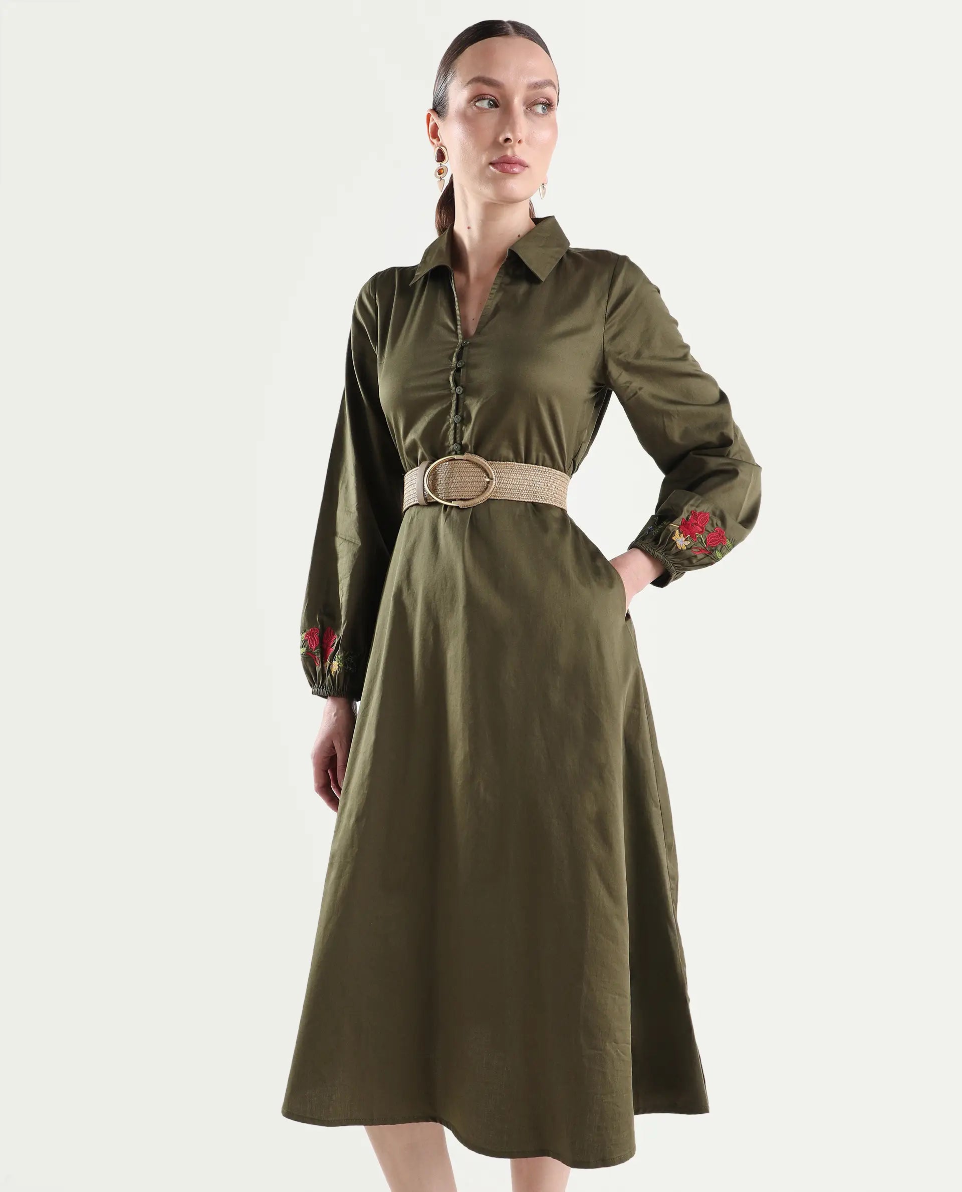 Rareism Women's Avaci Olive Cotton Full Sleeve Fit And Flare Plain Dress
