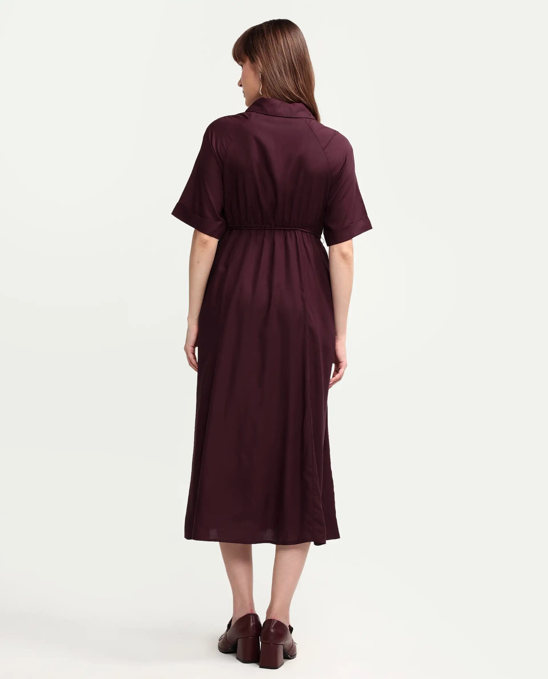 Rareism Women's Avaco Maroon Viscose Half Sleeve A-Line Plain Dress