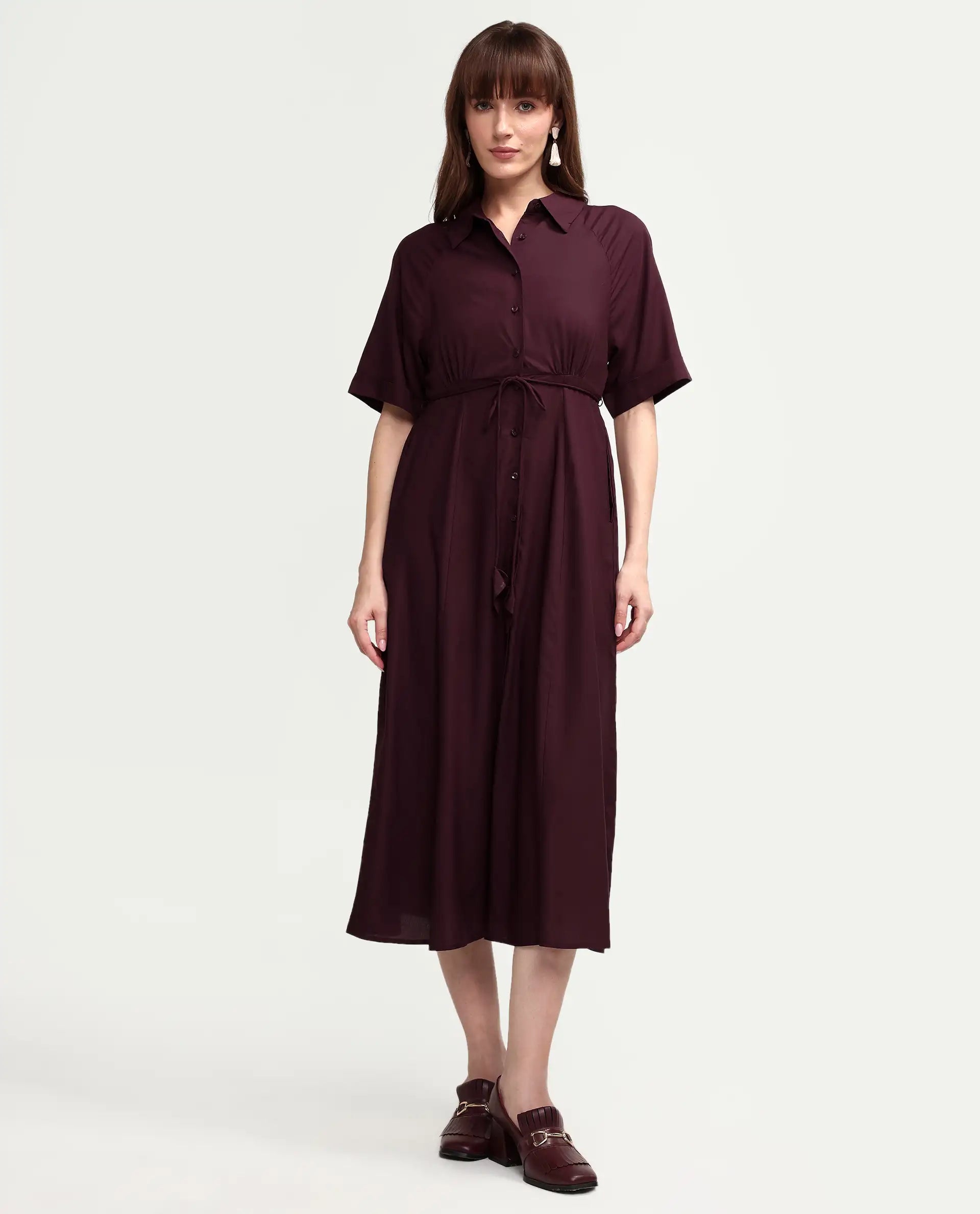 Rareism Women's Avaco Maroon Viscose Half Sleeve A-Line Plain Dress