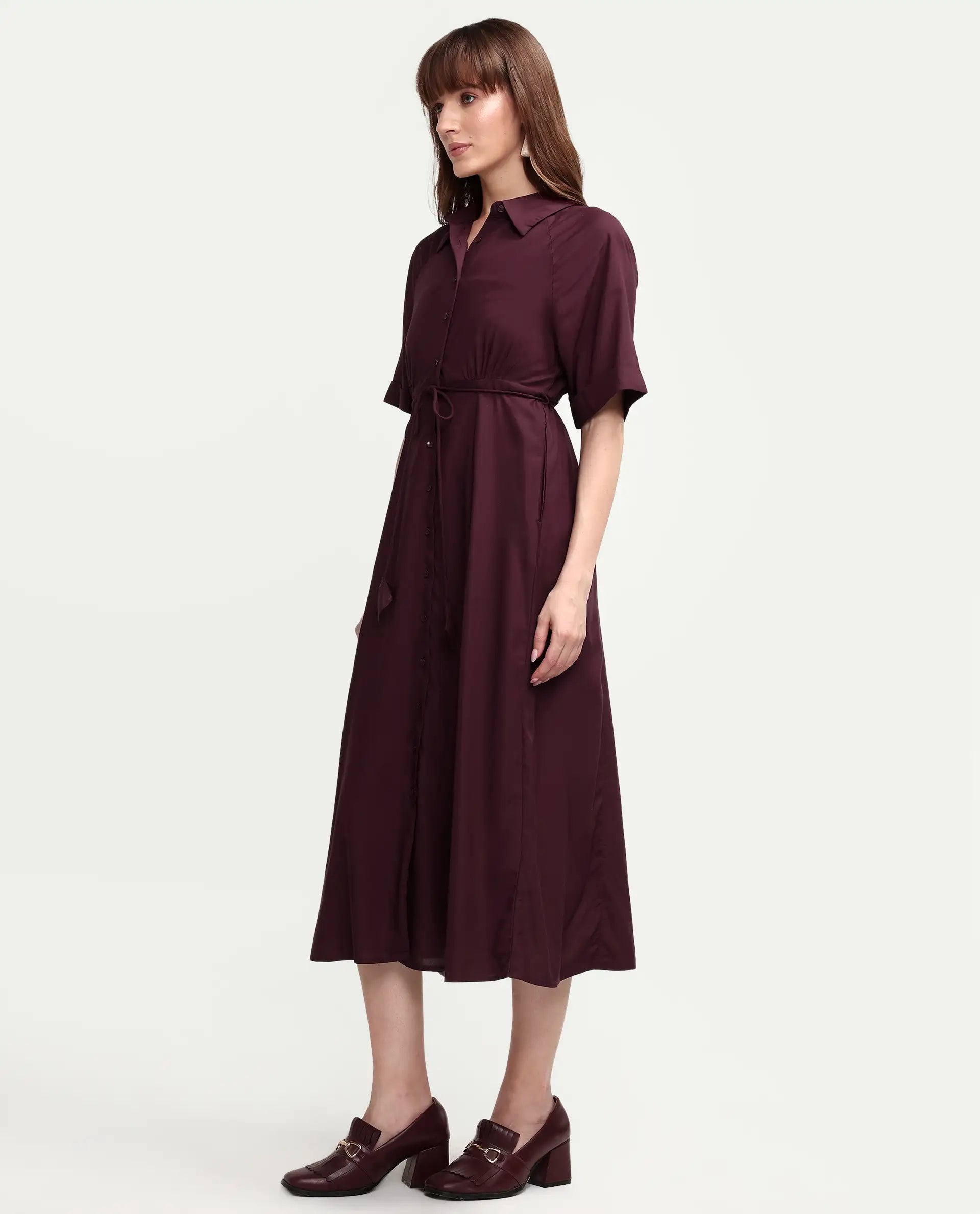Rareism Women's Avaco Maroon Viscose Half Sleeve A-Line Plain Dress