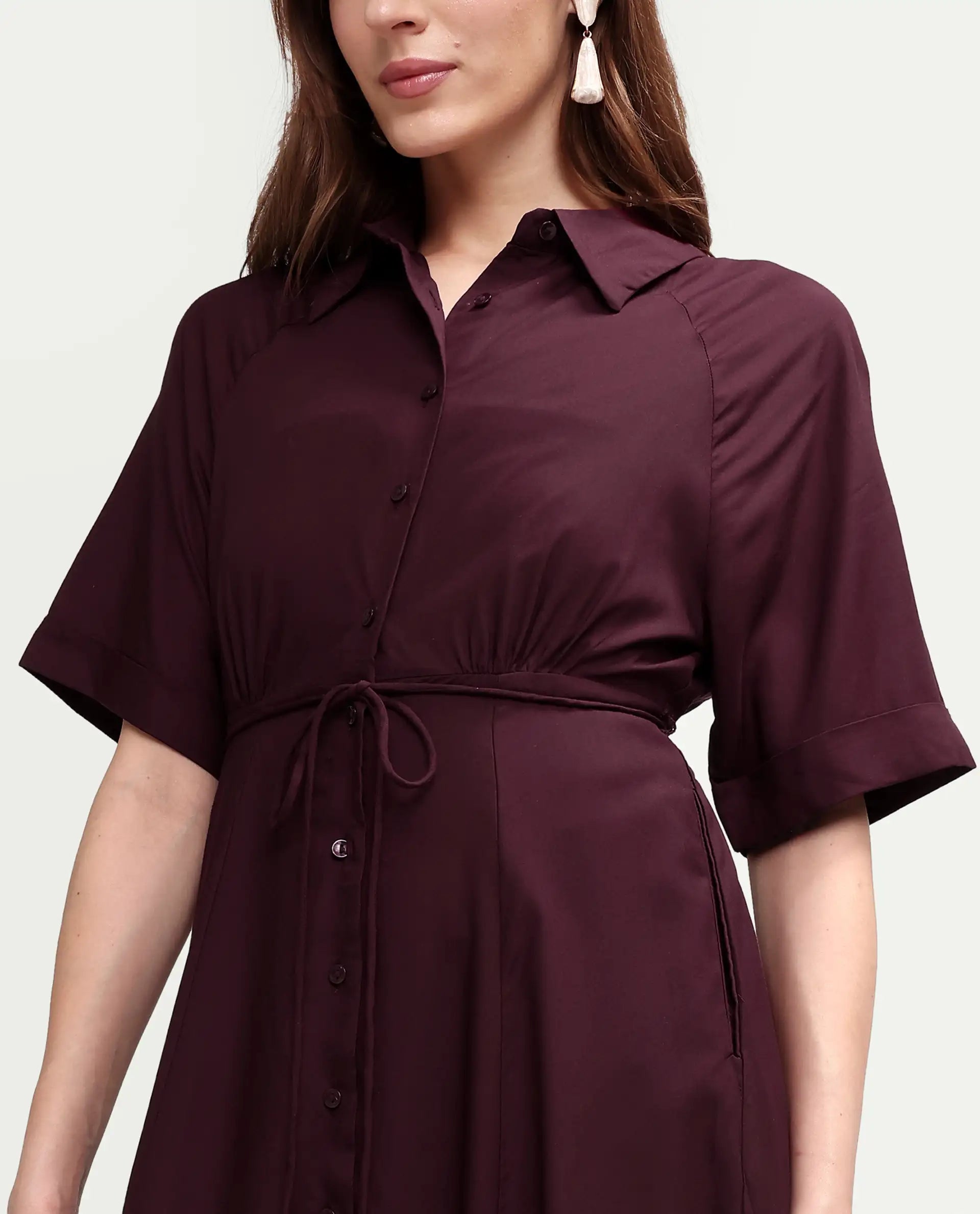 Rareism Women's Avaco Maroon Viscose Half Sleeve A-Line Plain Dress