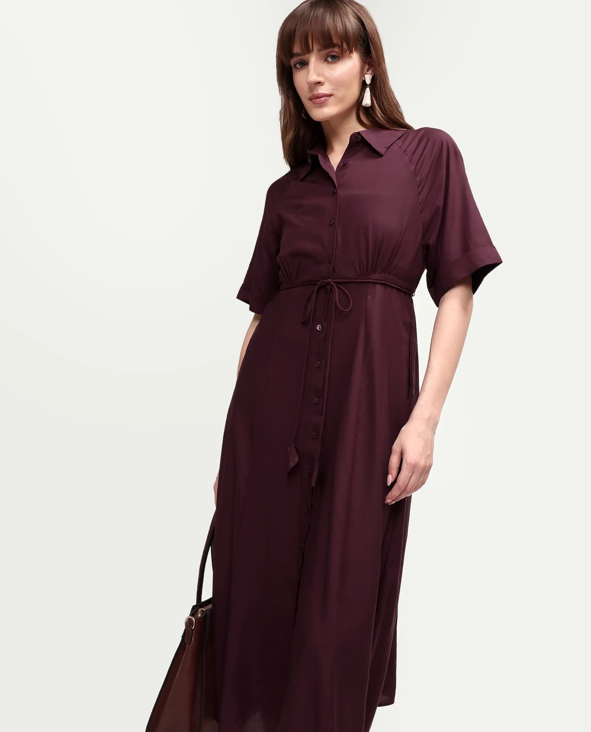 Rareism Women's Avaco Maroon Viscose Half Sleeve A-Line Plain Dress
