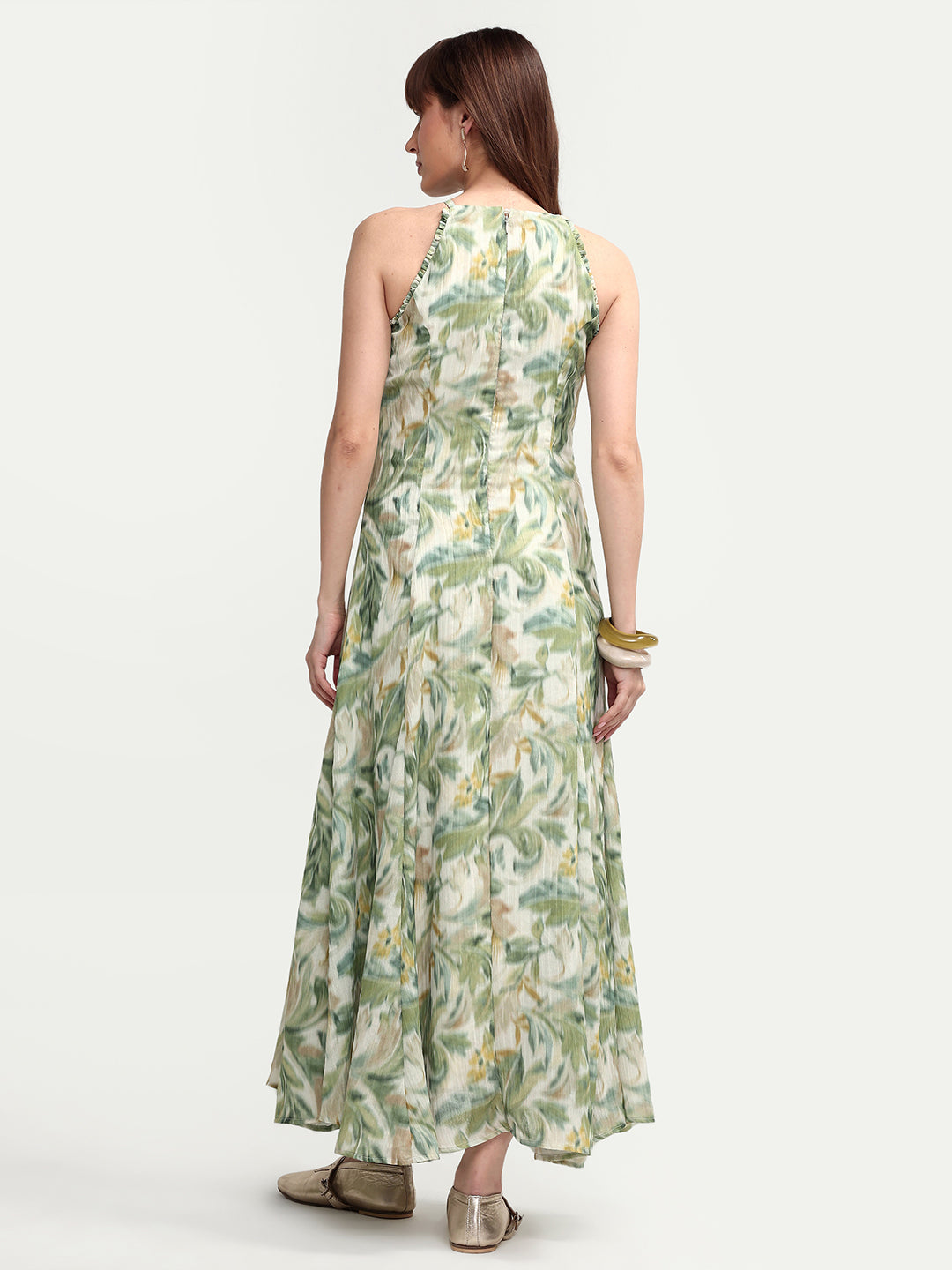 Rareism Women's Avenu Light Green Polyester Sleeveless Fit And Flare Printed Dress