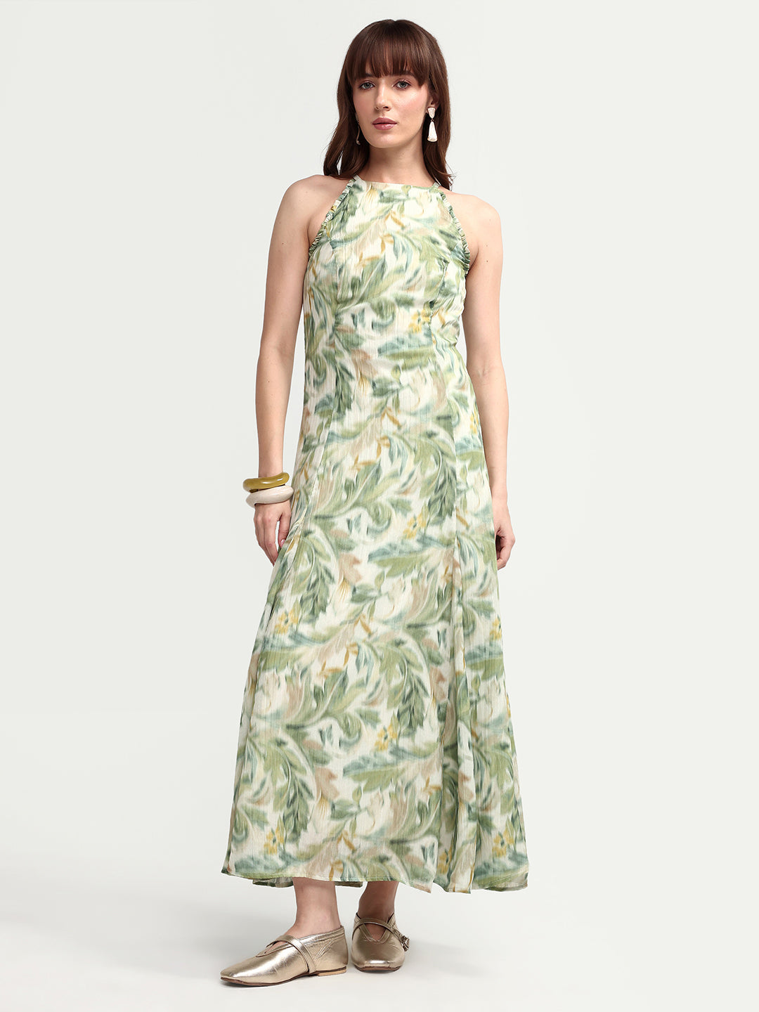 Rareism Women's Avenu Light Green Polyester Sleeveless Fit And Flare Printed Dress
