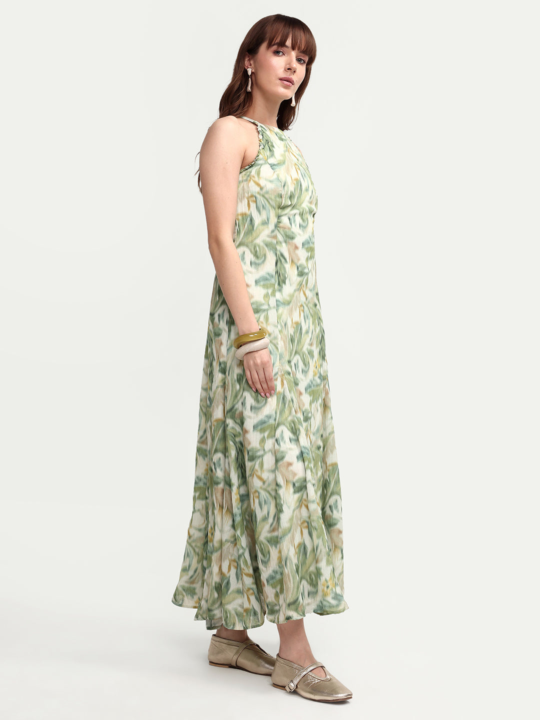 Rareism Women's Avenu Light Green Polyester Sleeveless Fit And Flare Printed Dress