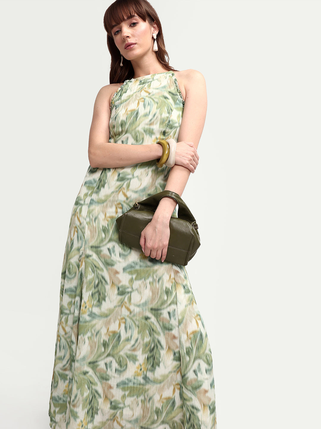 Rareism Women's Avenu Light Green Polyester Sleeveless Fit And Flare Printed Dress