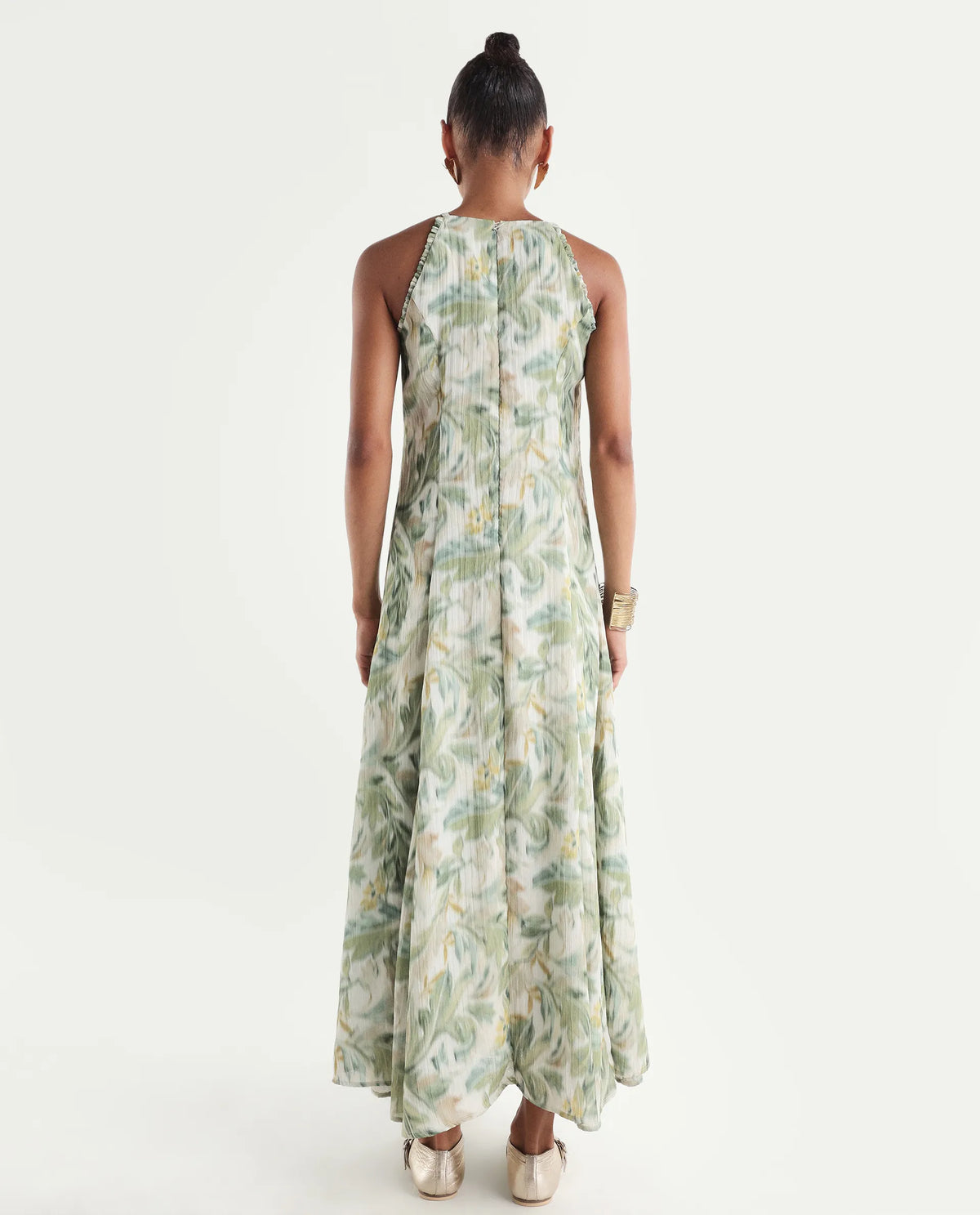 Rareism Women's Avenu Light Green Polyester Sleeveless Fit And Flare Printed Dress