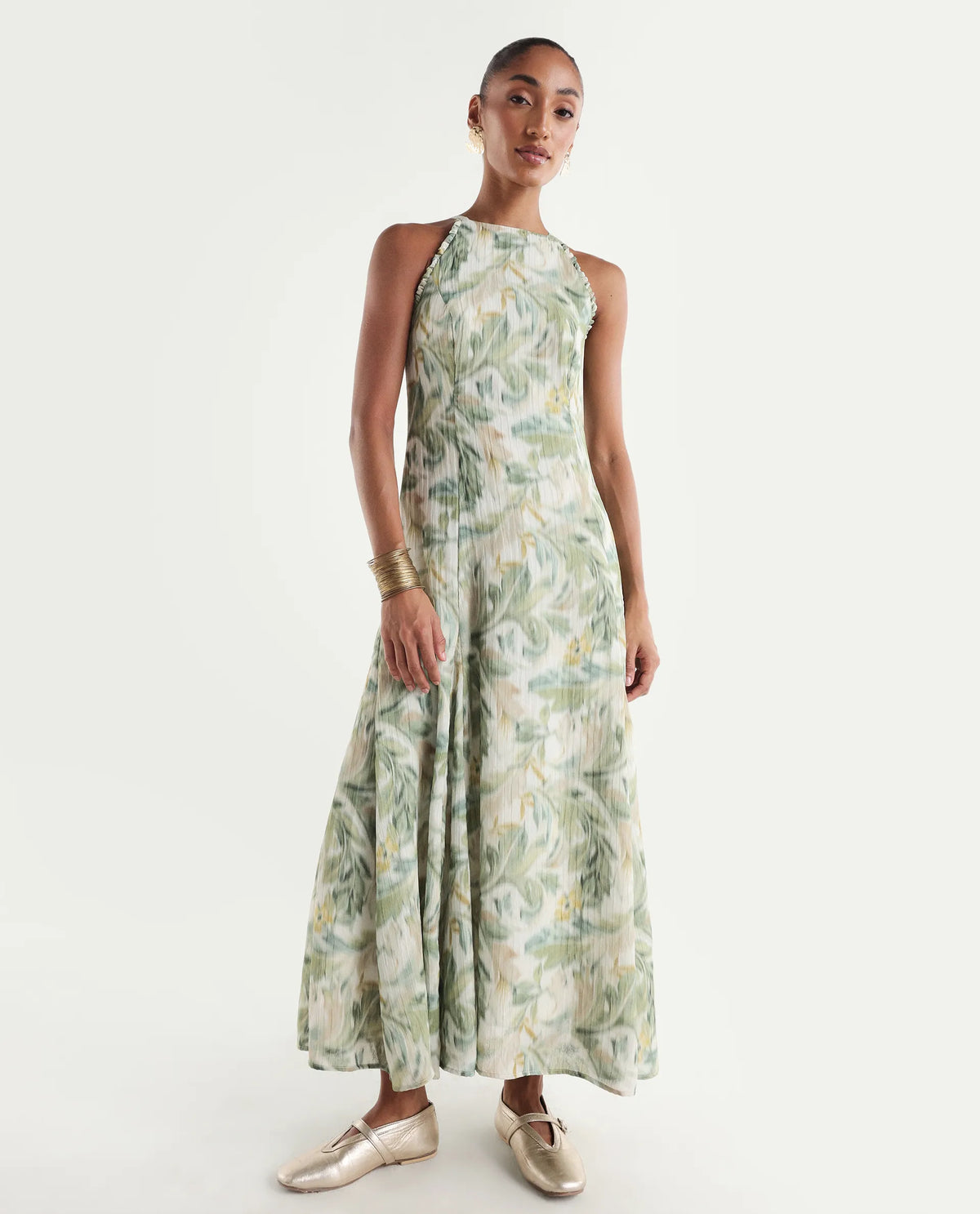 Rareism Women's Avenu Light Green Polyester Sleeveless Fit And Flare Printed Dress