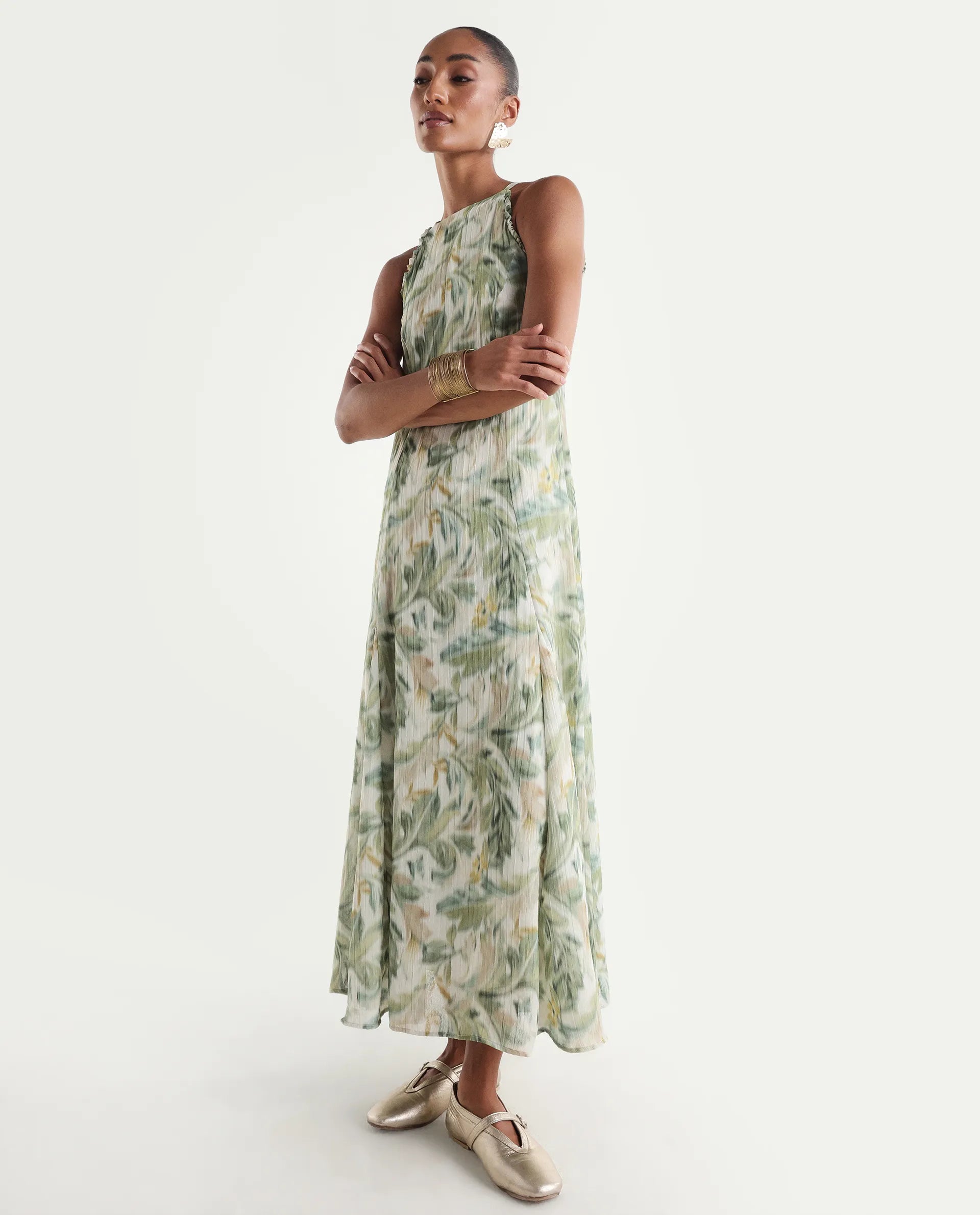 Rareism Women's Avenu Light Green Polyester Sleeveless Fit And Flare Printed Dress