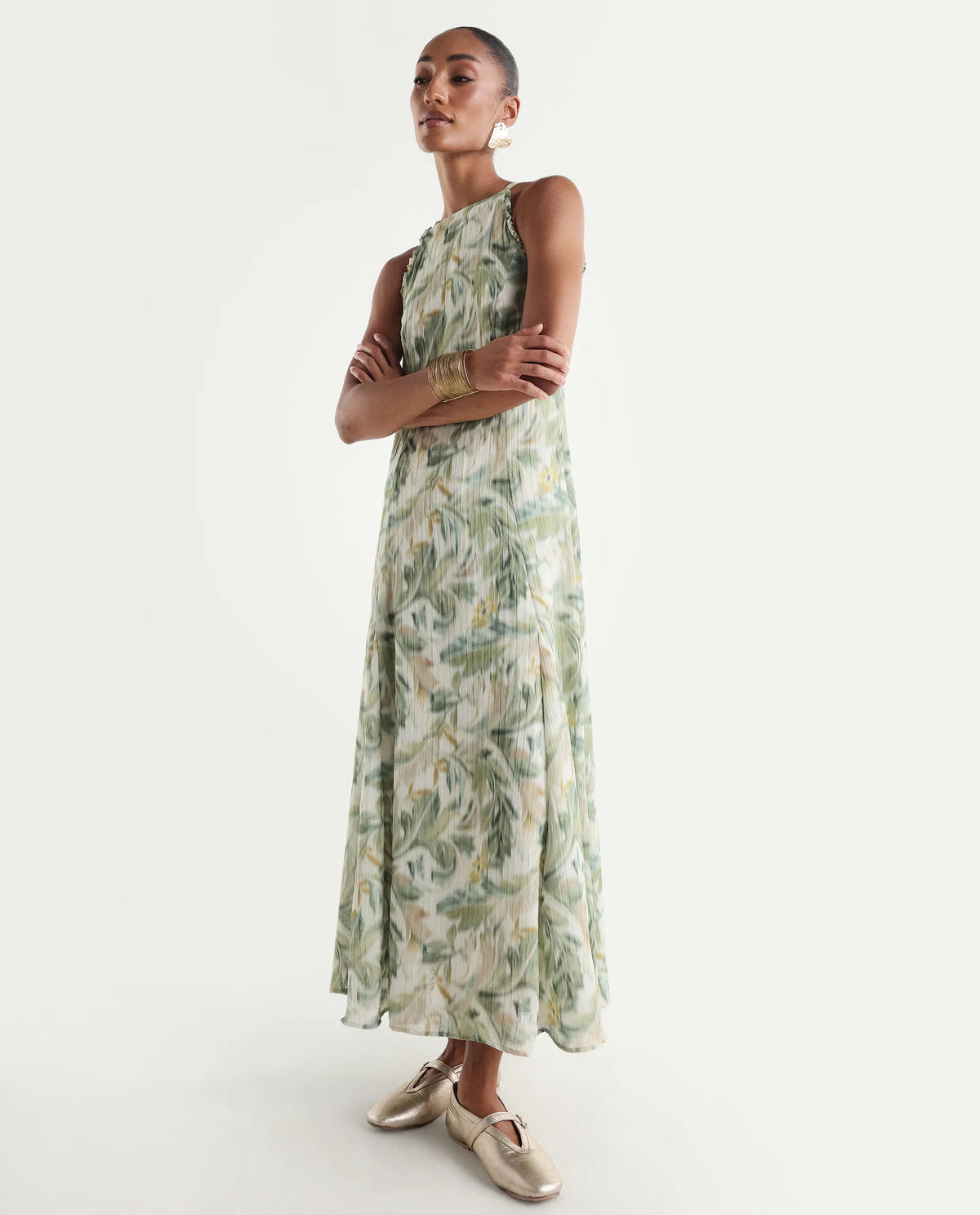 Rareism Women's Avenu Light Green Polyester Sleeveless Fit And Flare Printed Dress