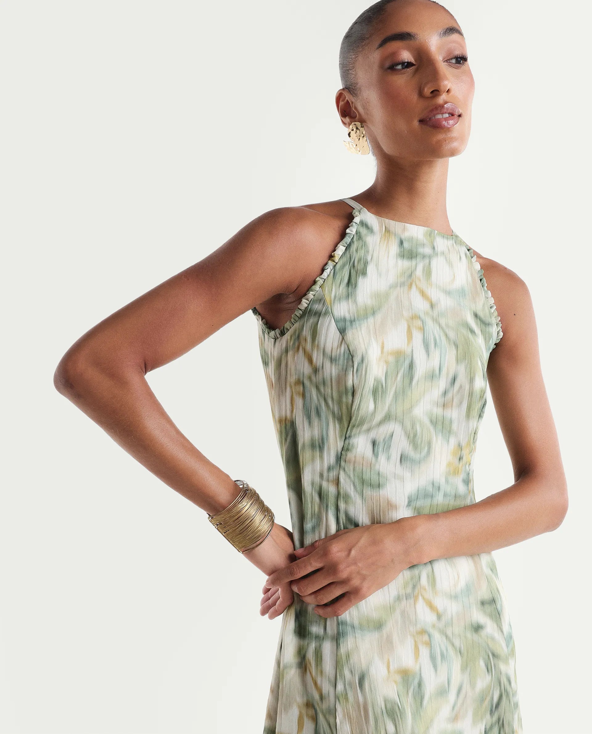 Rareism Women's Avenu Light Green Polyester Sleeveless Fit And Flare Printed Dress