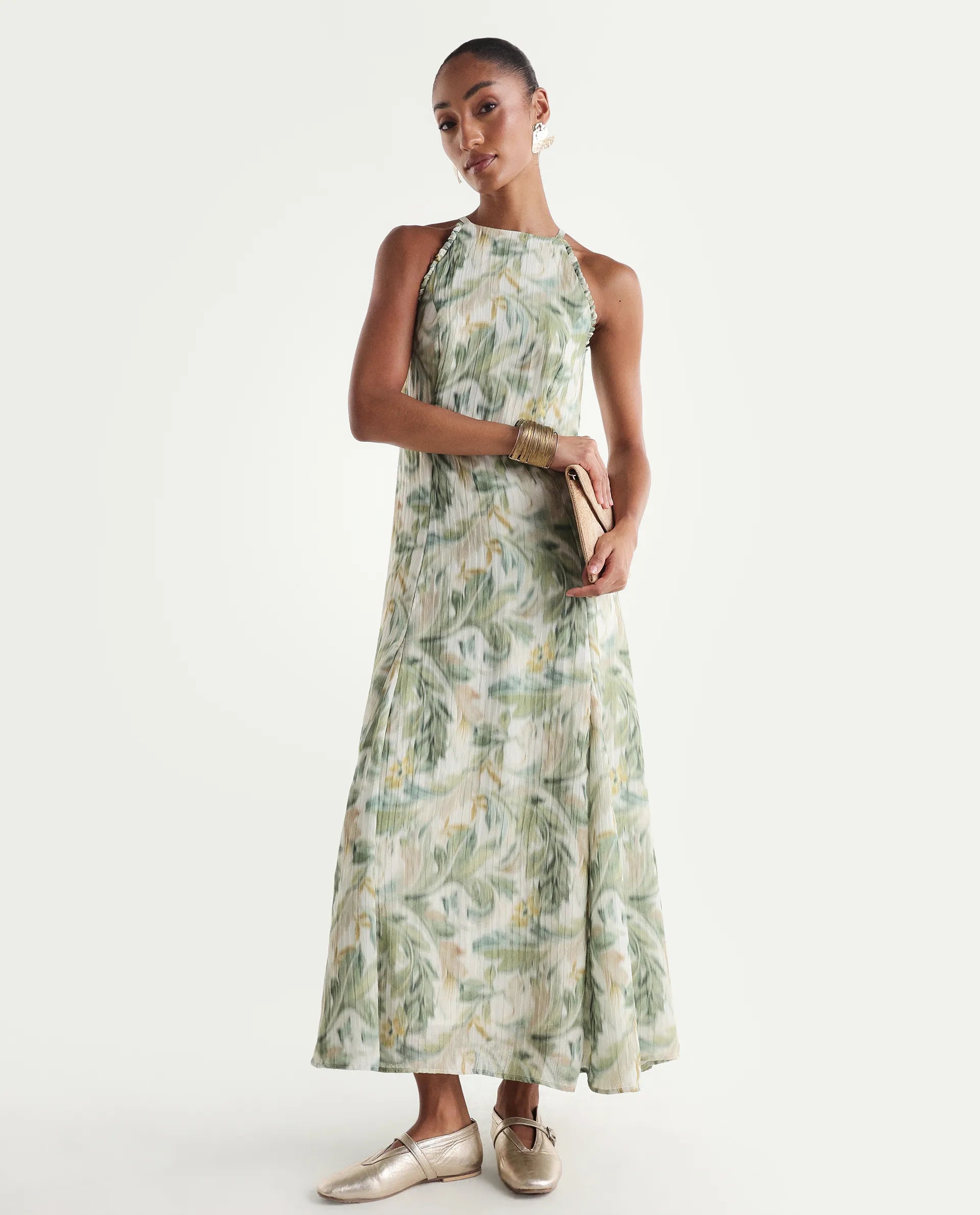 Rareism Women's Avenu Light Green Polyester Sleeveless Fit And Flare Printed Dress