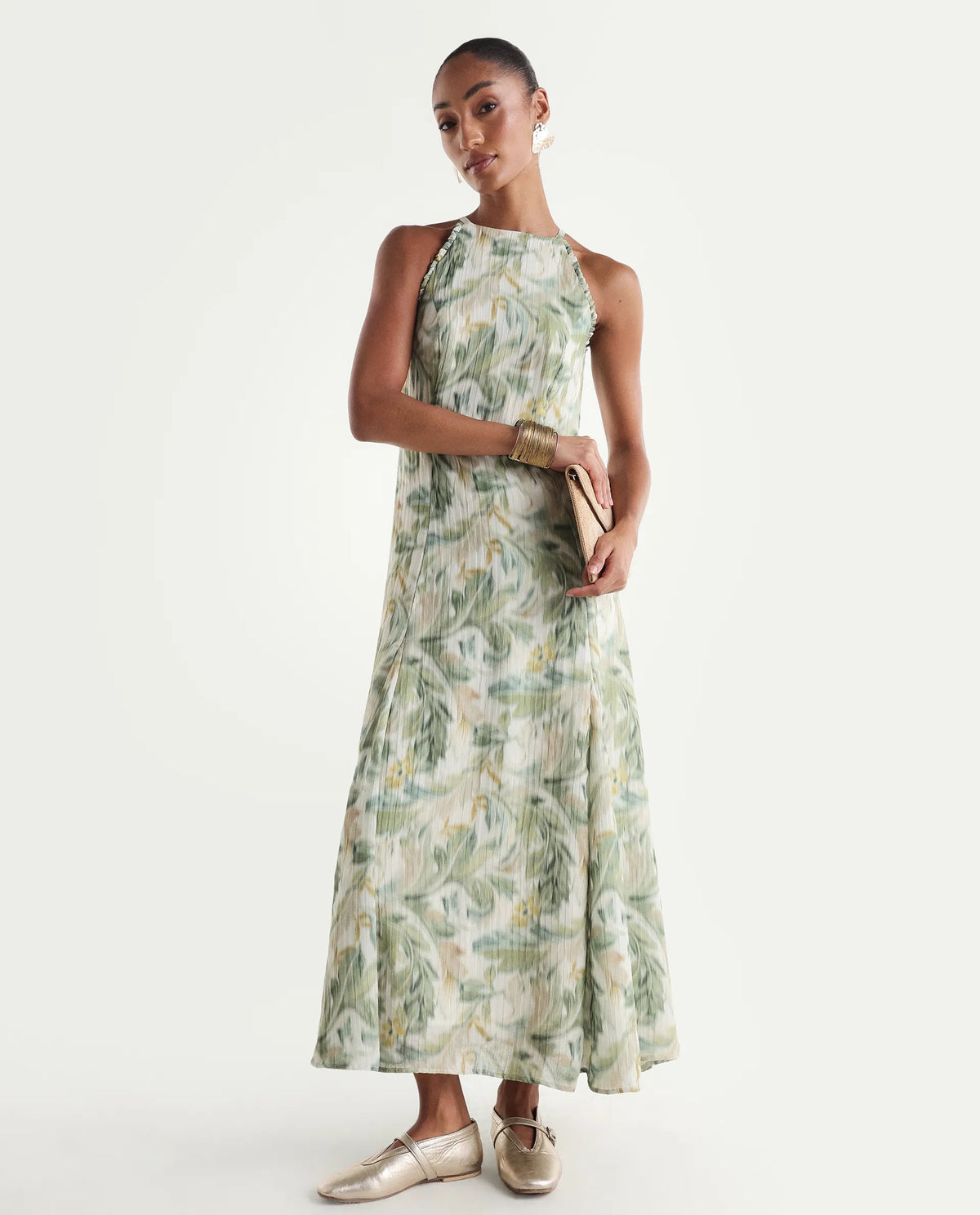 Rareism Women's Avenu Light Green Polyester Sleeveless Fit And Flare Printed Dress