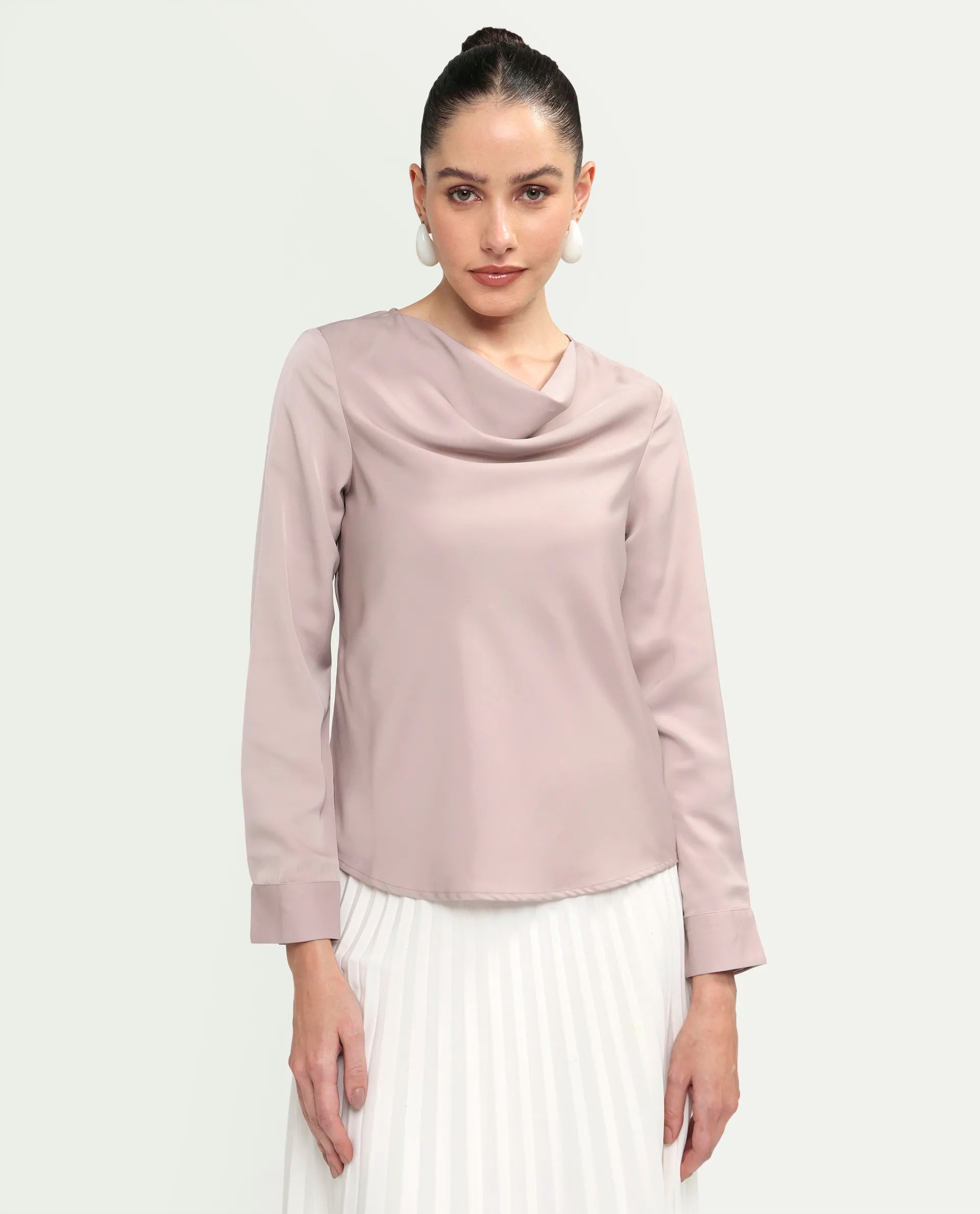 Rareism Women's Avier Dusky Pink Polyester Full Sleeve Cowl Neck Regular Fit Plain Top