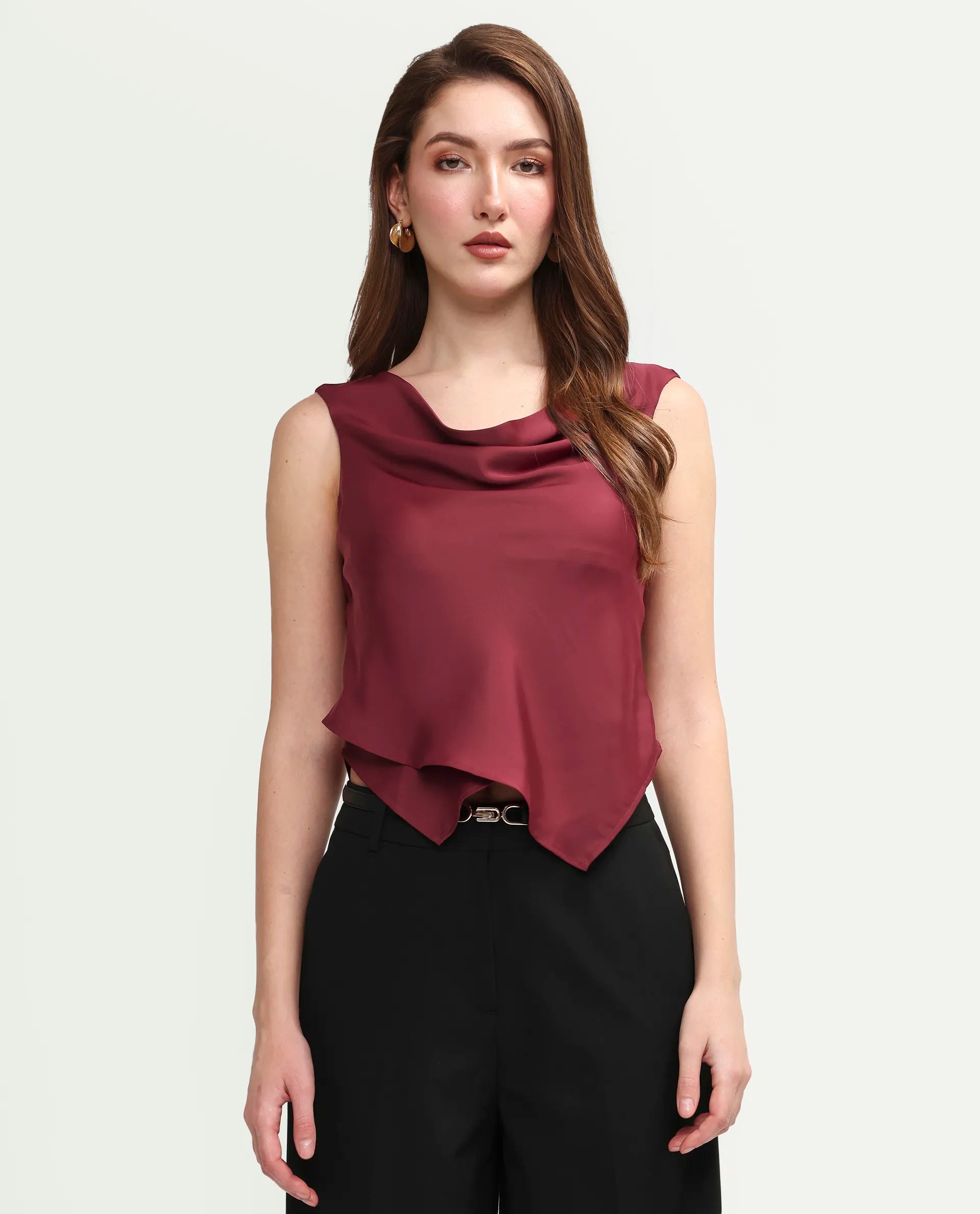 Rareism Women's Avini Dark Red Polyester Sleeveless Fitted Plain Top