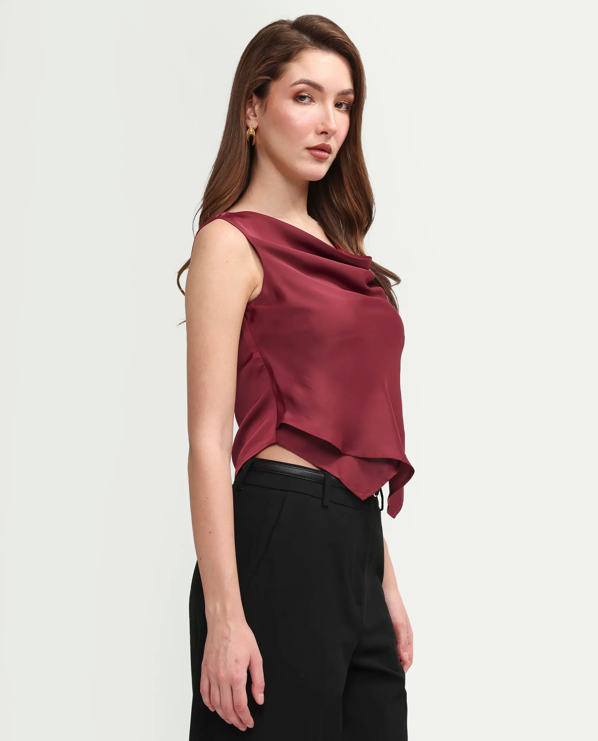 Rareism Women's Avini Dark Red Polyester Sleeveless Fitted Plain Top