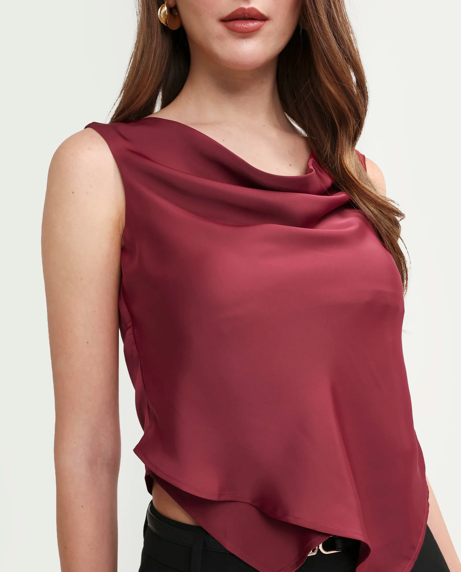 Rareism Women's Avini Dark Red Polyester Sleeveless Fitted Plain Top