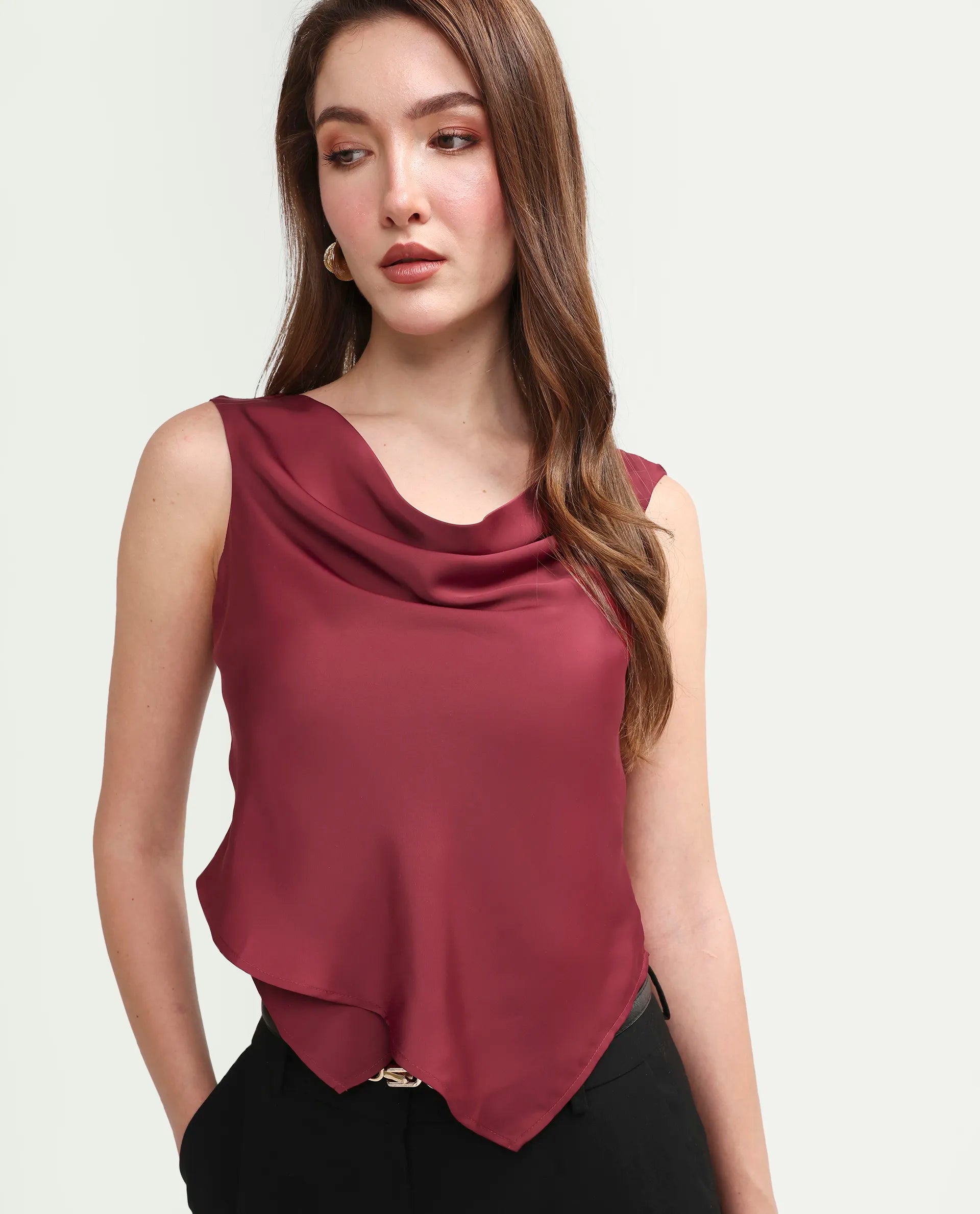 Rareism Women's Avini Dark Red Polyester Sleeveless Fitted Plain Top