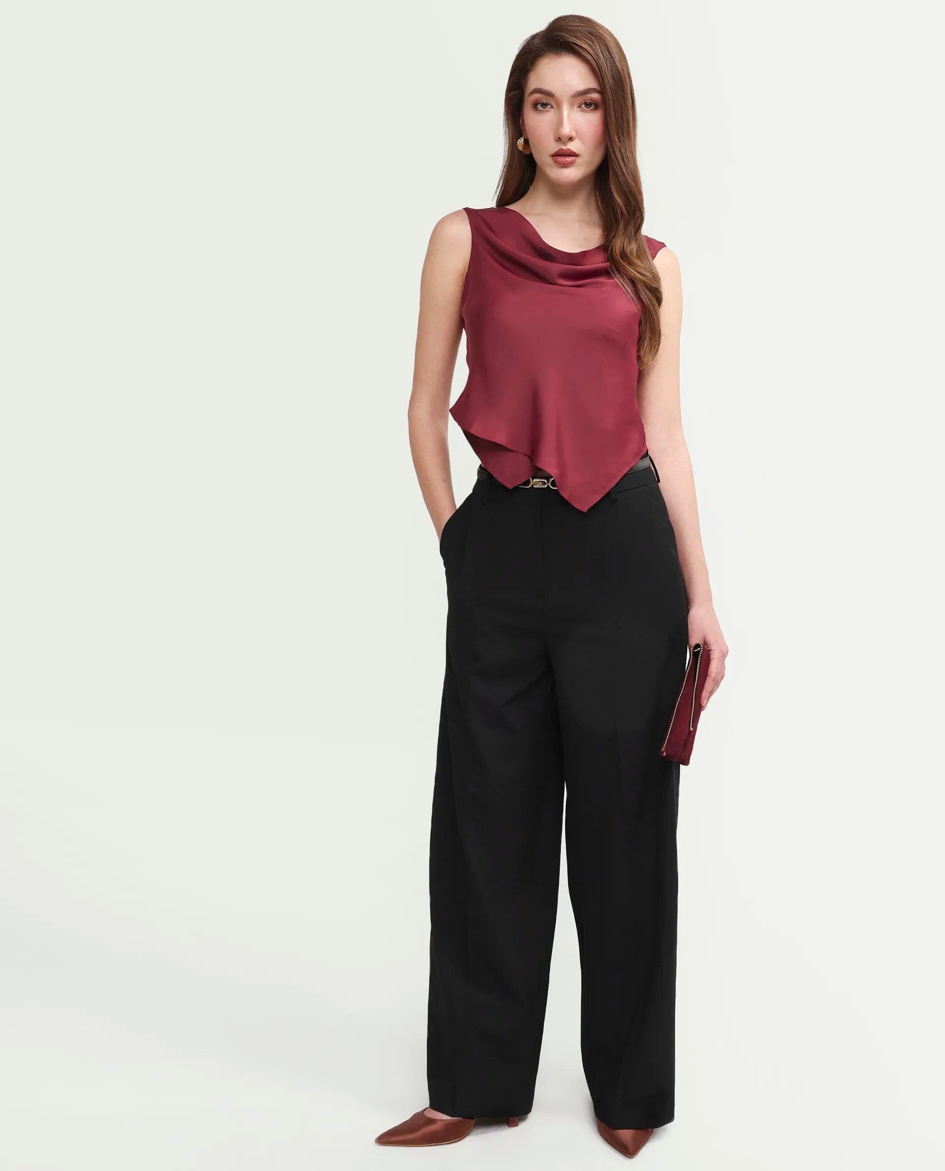 Rareism Women's Avini Dark Red Polyester Sleeveless Fitted Plain Top
