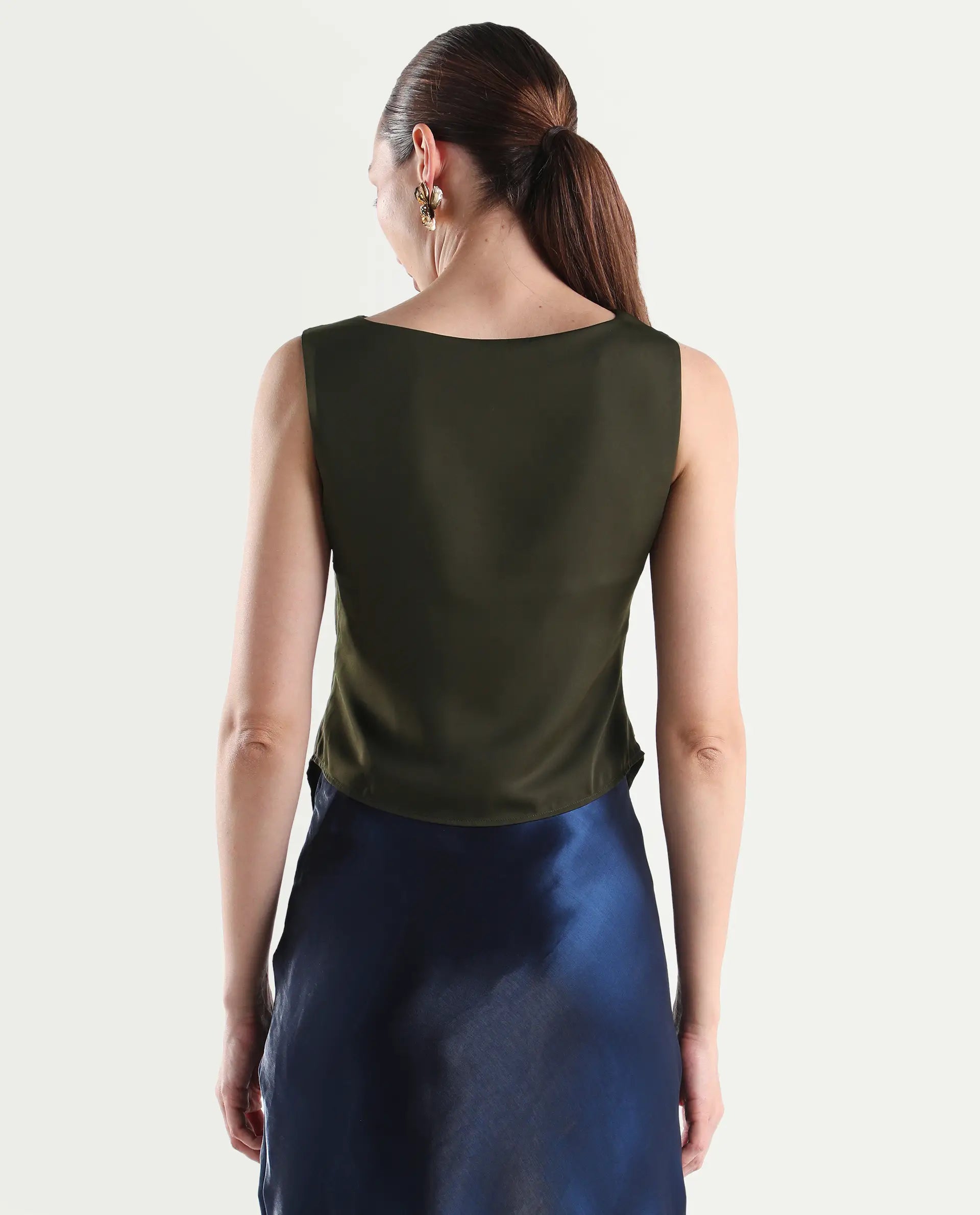 Rareism Women's Avini Olive Polyester Sleeveless Fitted Plain Top