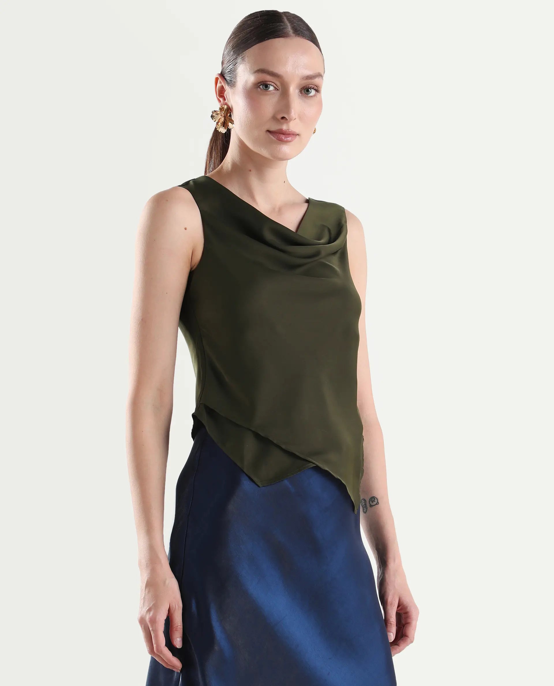 Rareism Women's Avini Olive Polyester Sleeveless Fitted Plain Top