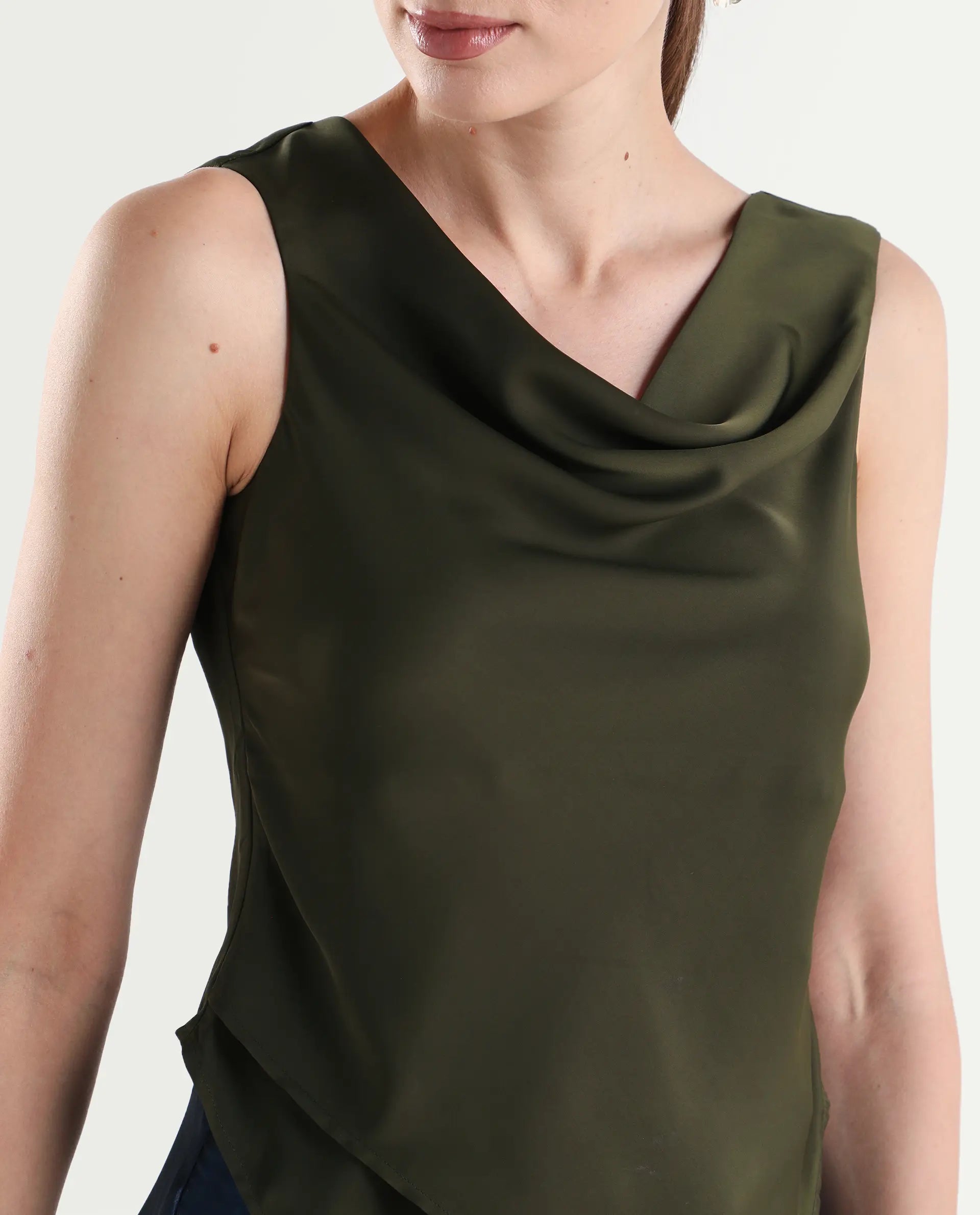 Rareism Women's Avini Olive Polyester Sleeveless Fitted Plain Top