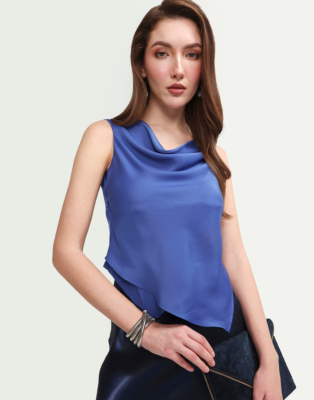 Rareism Women's Avini Blue Polyester Sleeveless Fitted Plain Top
