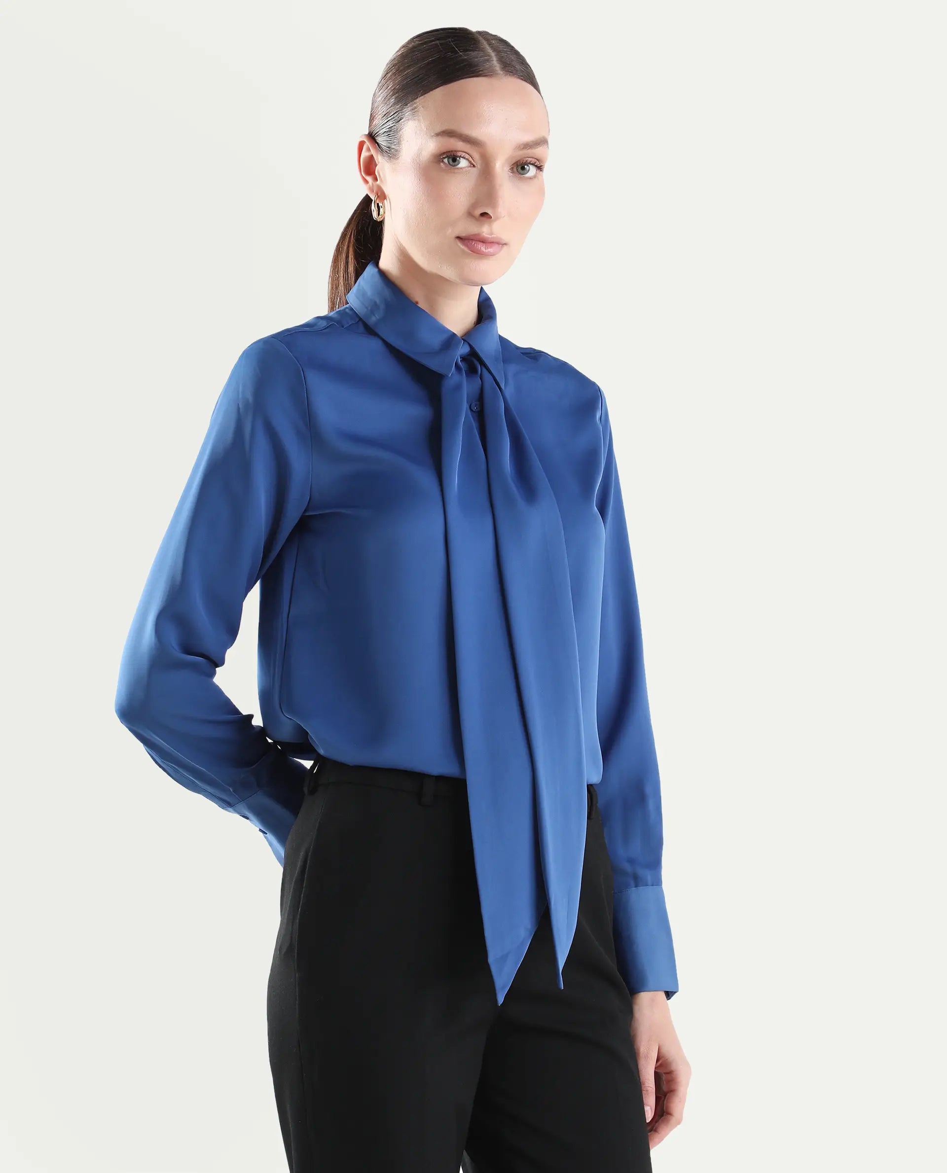 Rareism Women's Aviol Blue Polyester Full Sleeve Regular Fit Plain Top