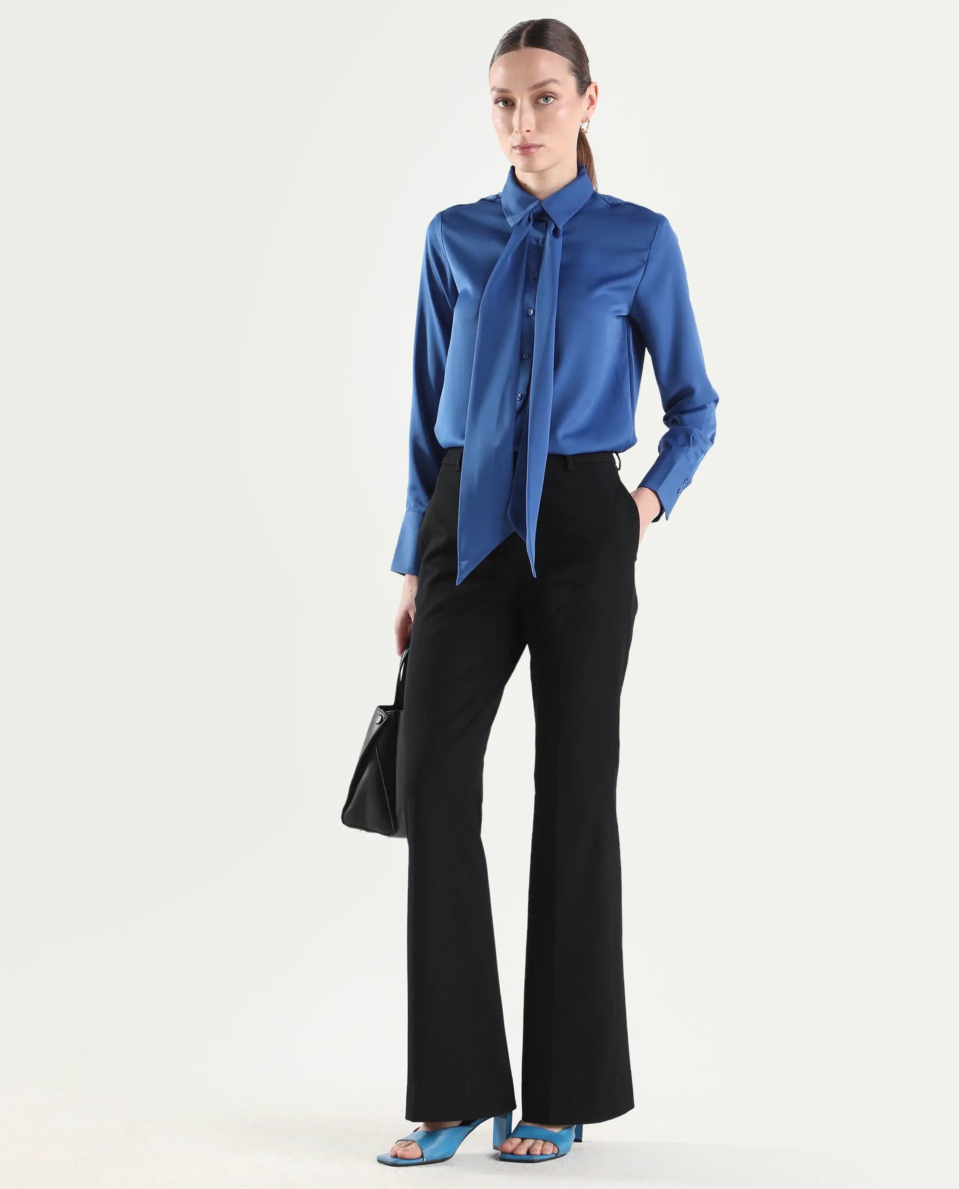 Rareism Women's Aviol Blue Polyester Full Sleeve Regular Fit Plain Top
