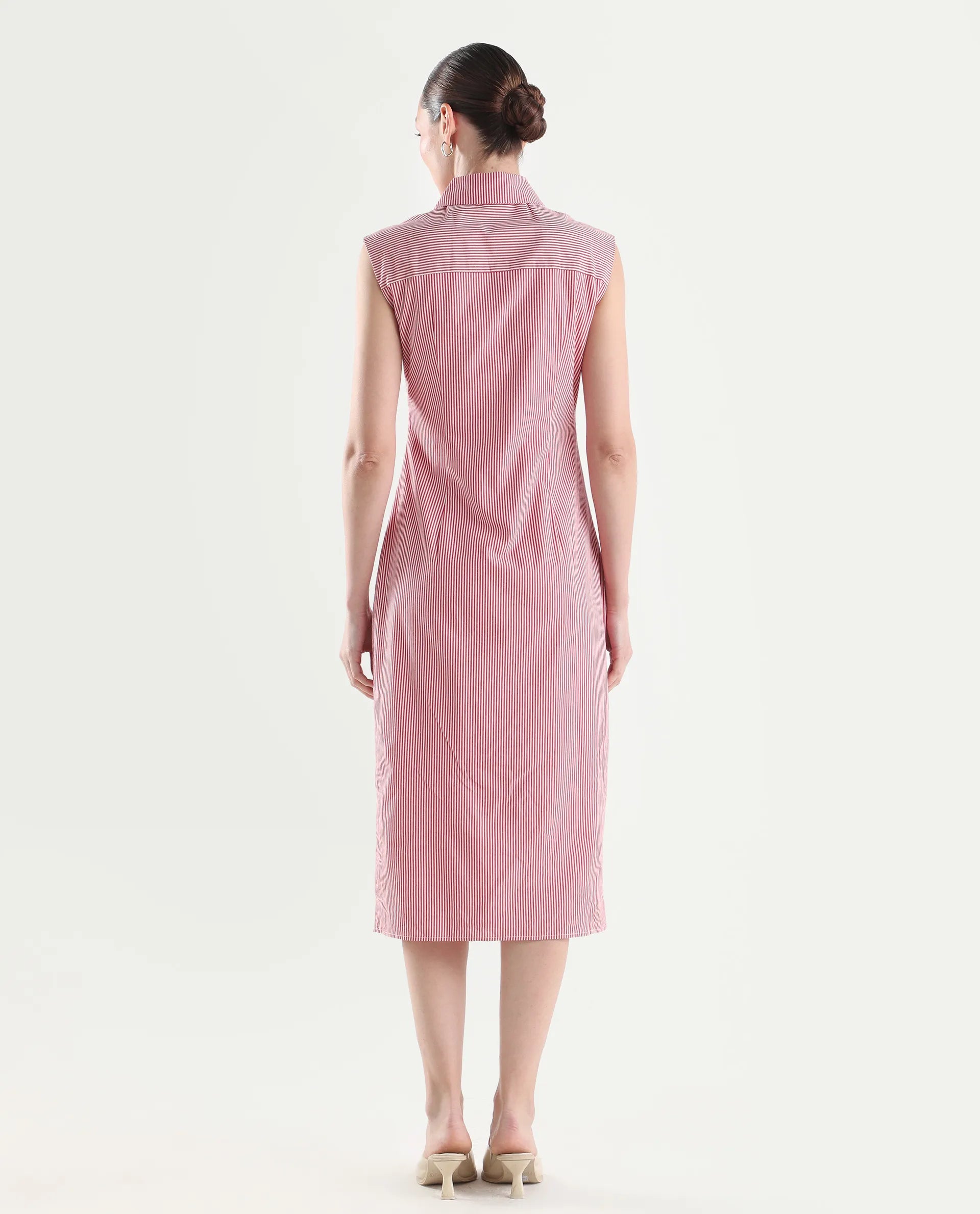 Rareism Women's Avoca Red Cotton Half Sleeve Fitted Striped Dresas