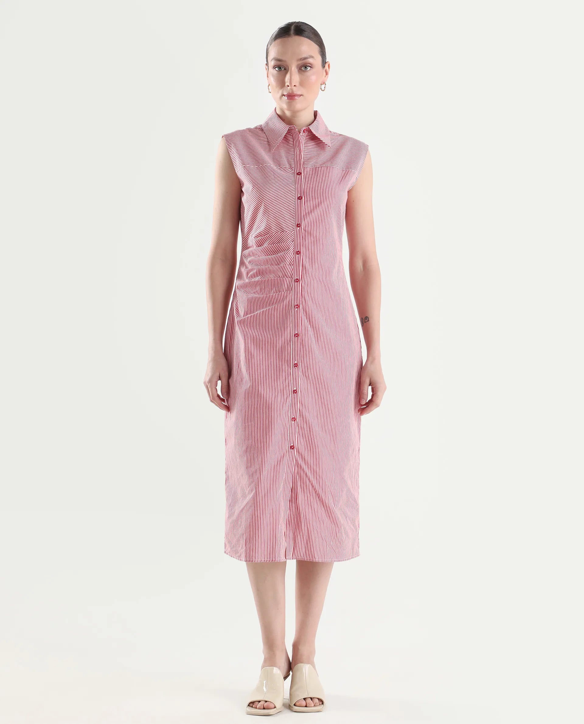 Rareism Women's Avoca Red Cotton Half Sleeve Fitted Striped Dresas